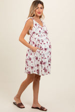 PinkBlush Ivory Mauve Floral Knotted Wrap V - Neck Maternity Dress - 
