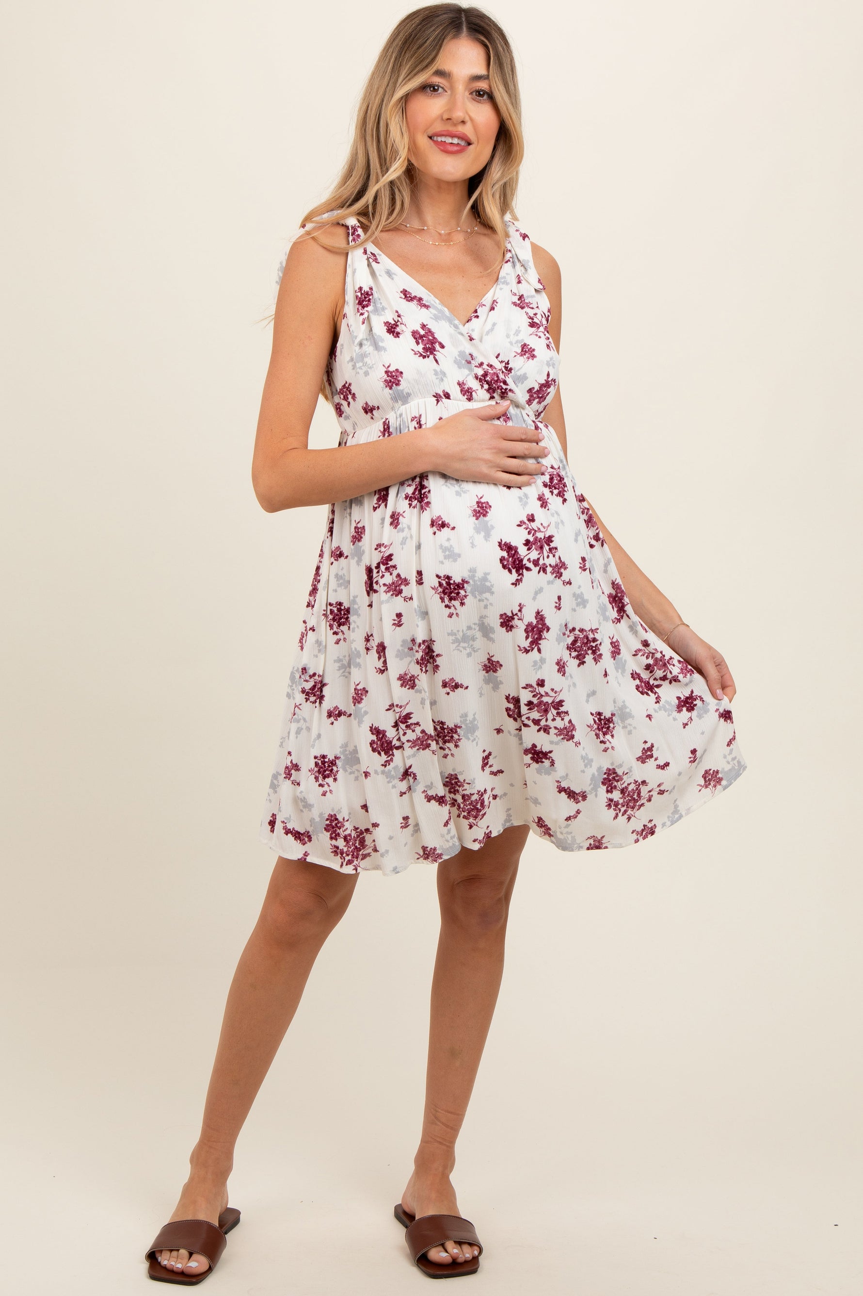 PinkBlush Ivory Mauve Floral Knotted Wrap V - Neck Maternity Dress - 