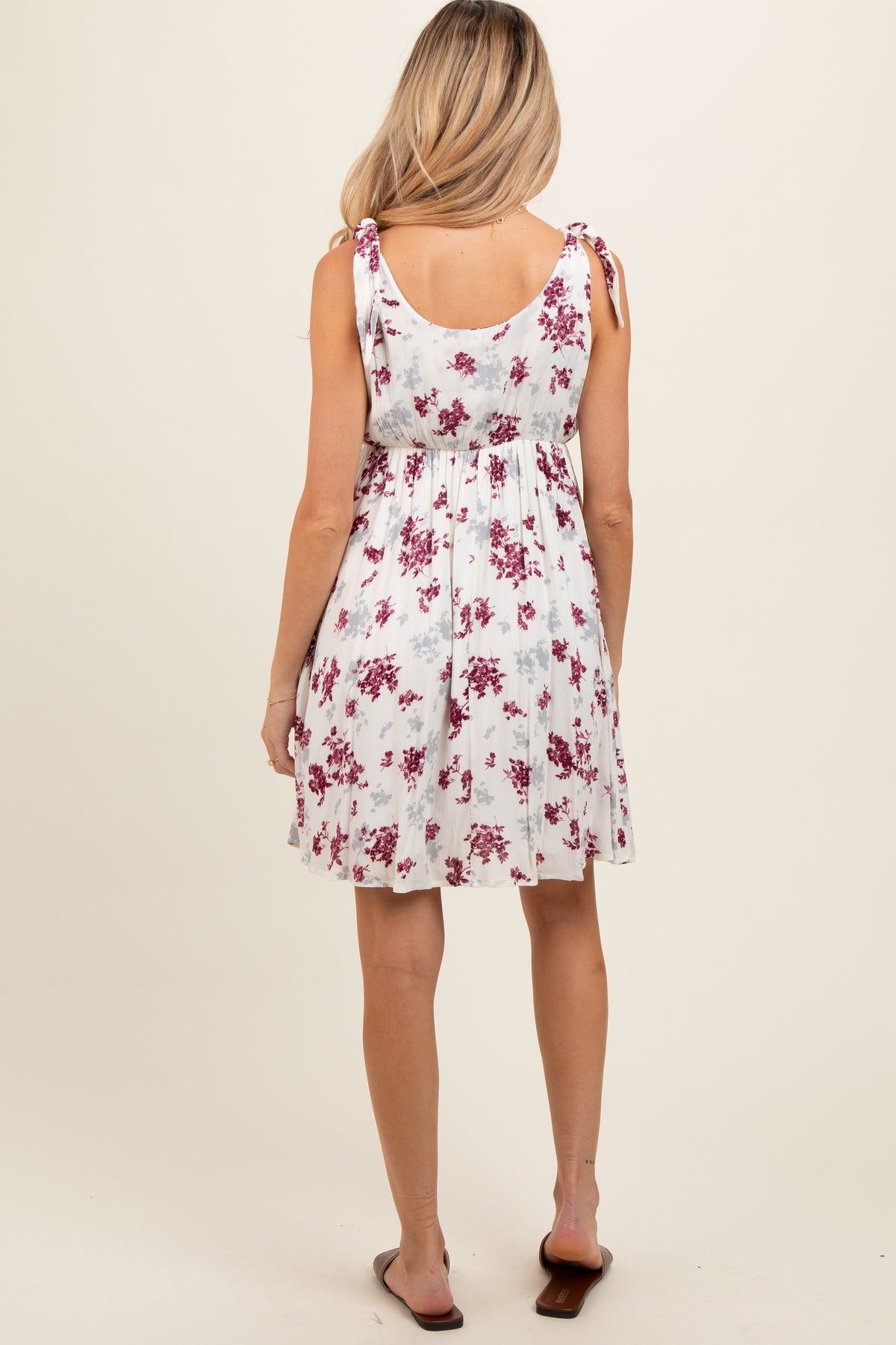 PinkBlush Ivory Mauve Floral Knotted Wrap V - Neck Maternity Dress - 