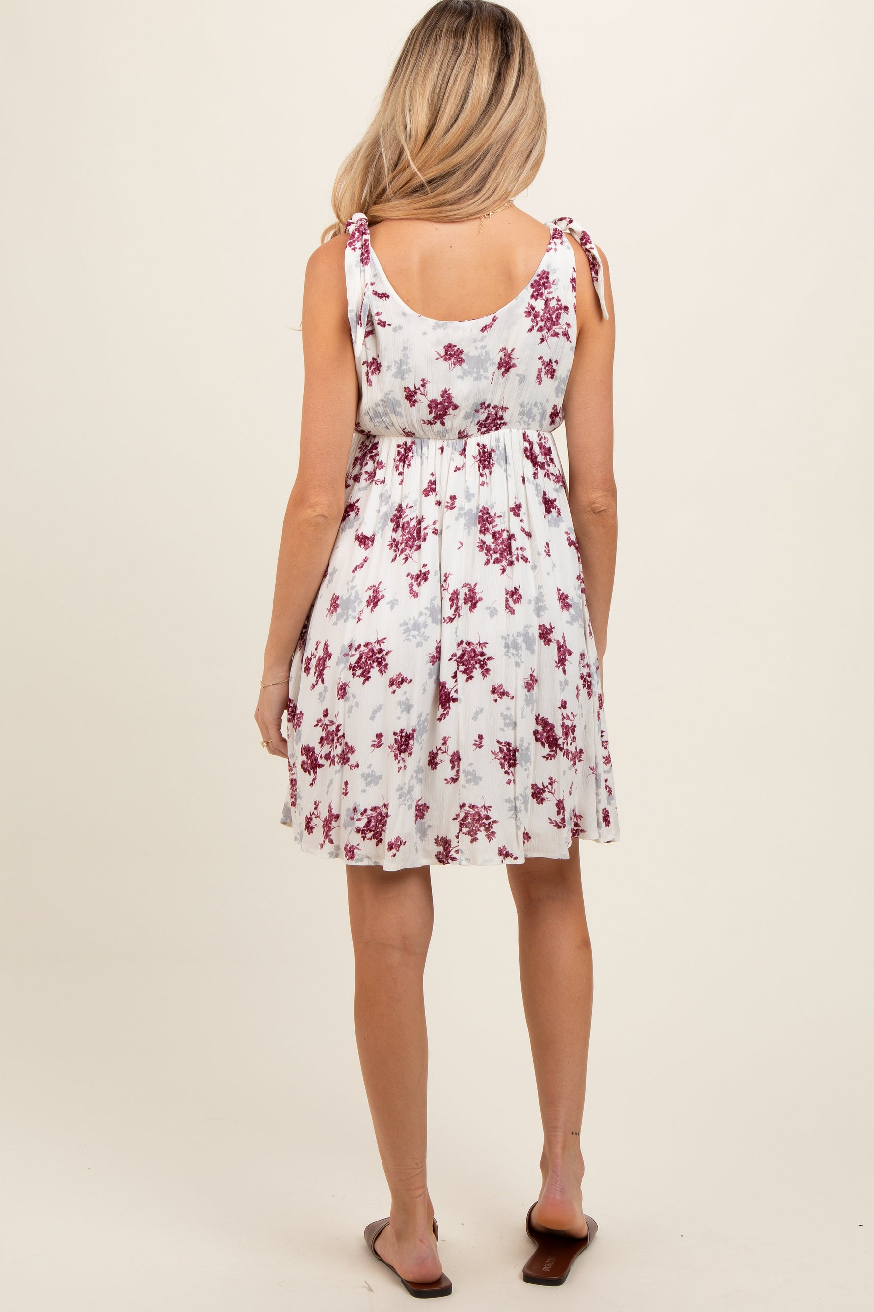 PinkBlush Ivory Mauve Floral Knotted Wrap V - Neck Maternity Dress - 