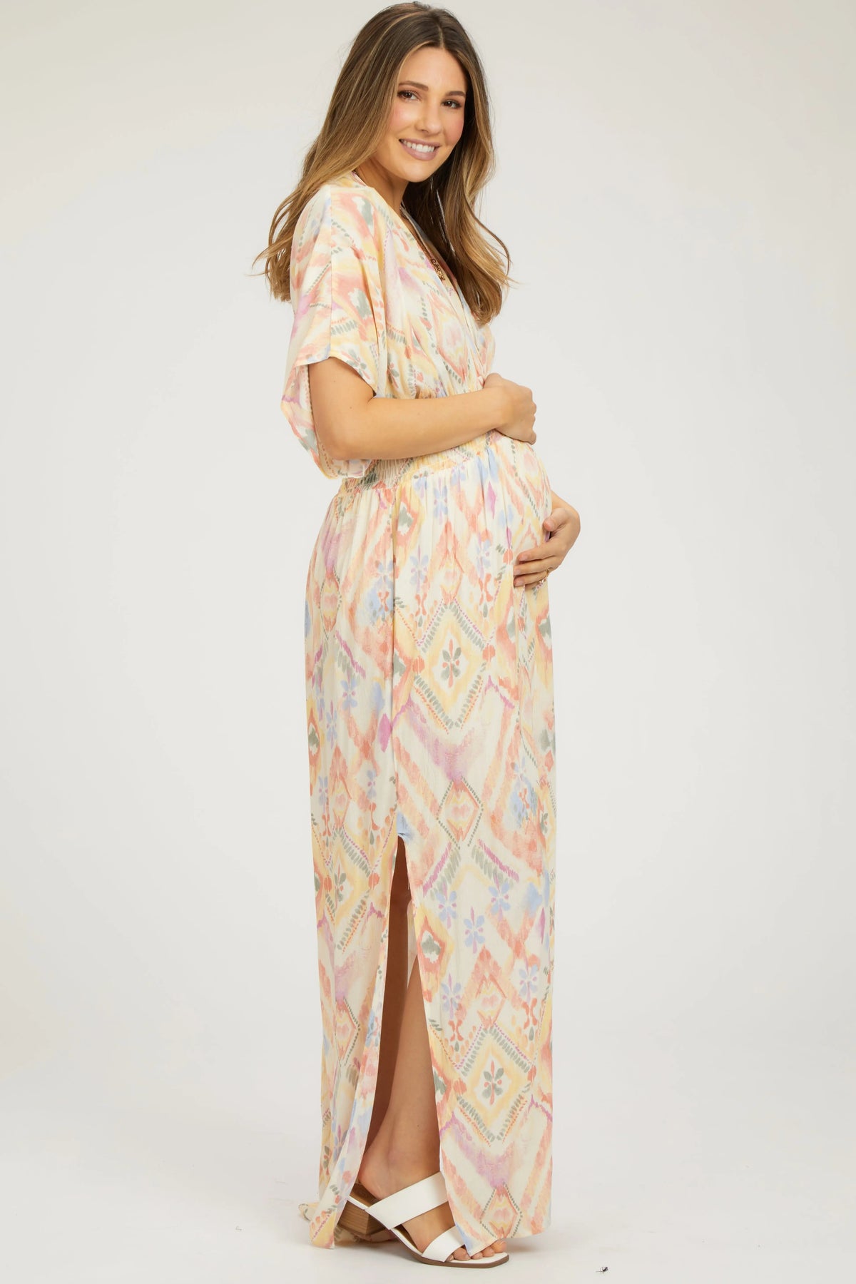 PinkBlush Ivory Printed Deep V - Neck Maternity Maxi Dress - 