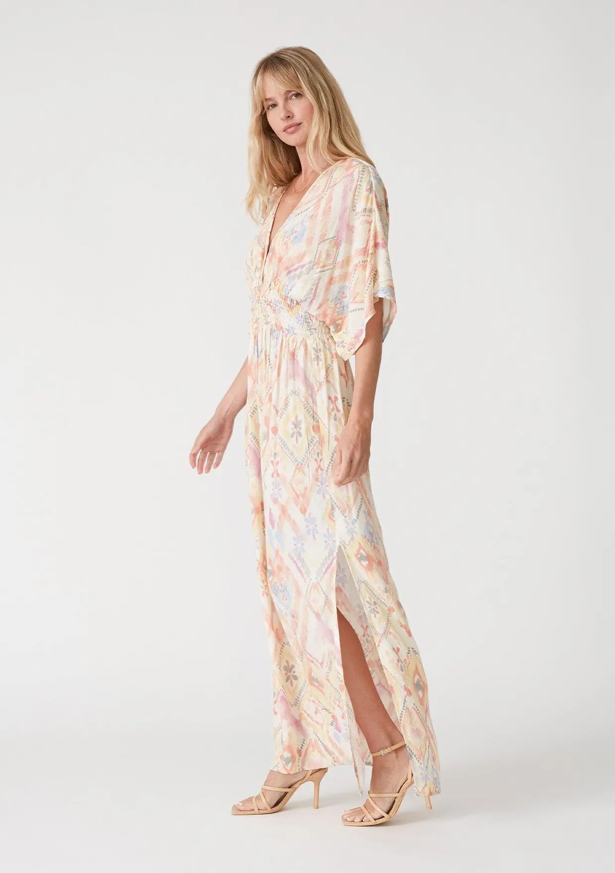 PinkBlush Ivory Printed Deep V - Neck Maxi Dress - 
