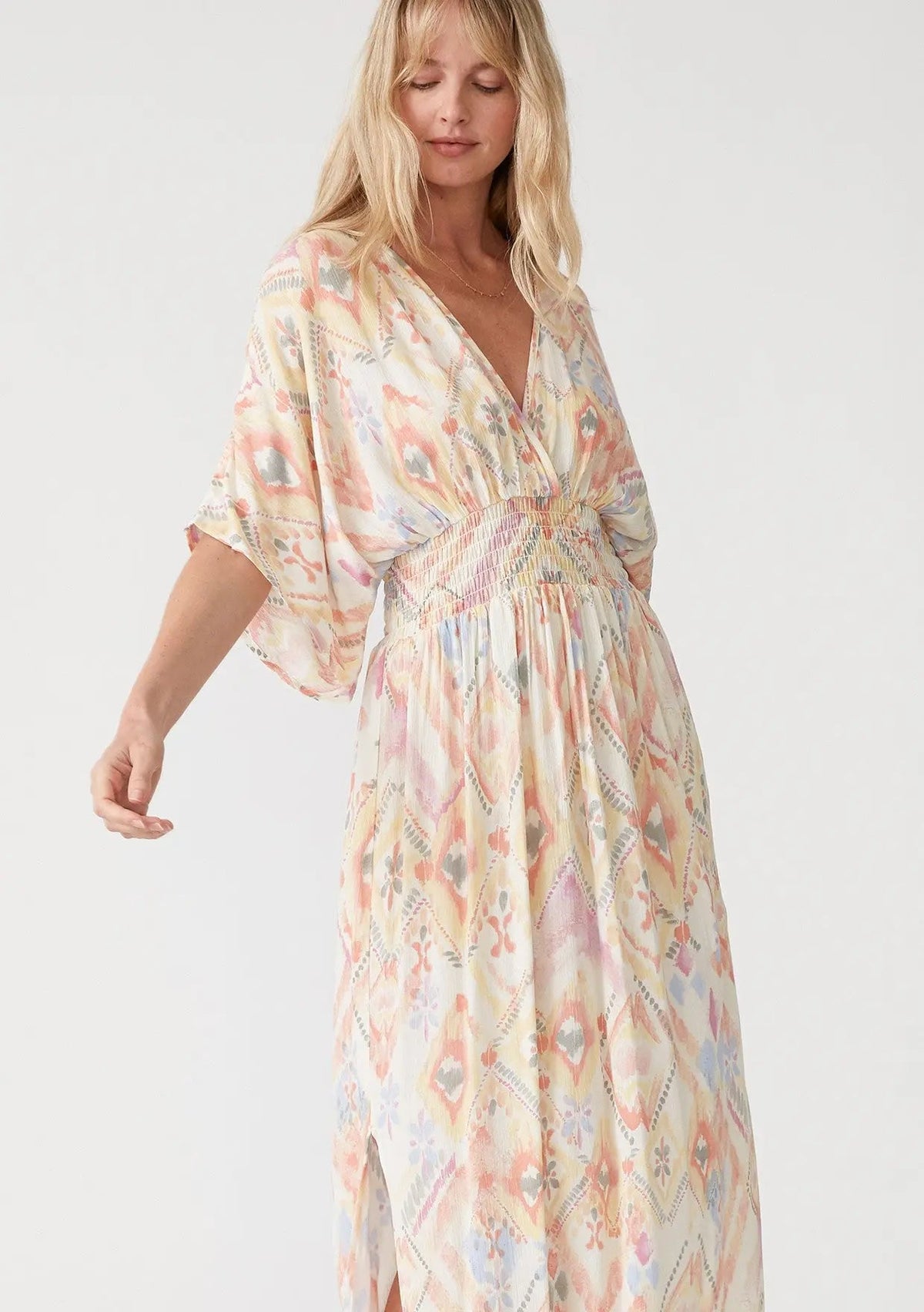 PinkBlush Ivory Printed Deep V - Neck Maxi Dress - 