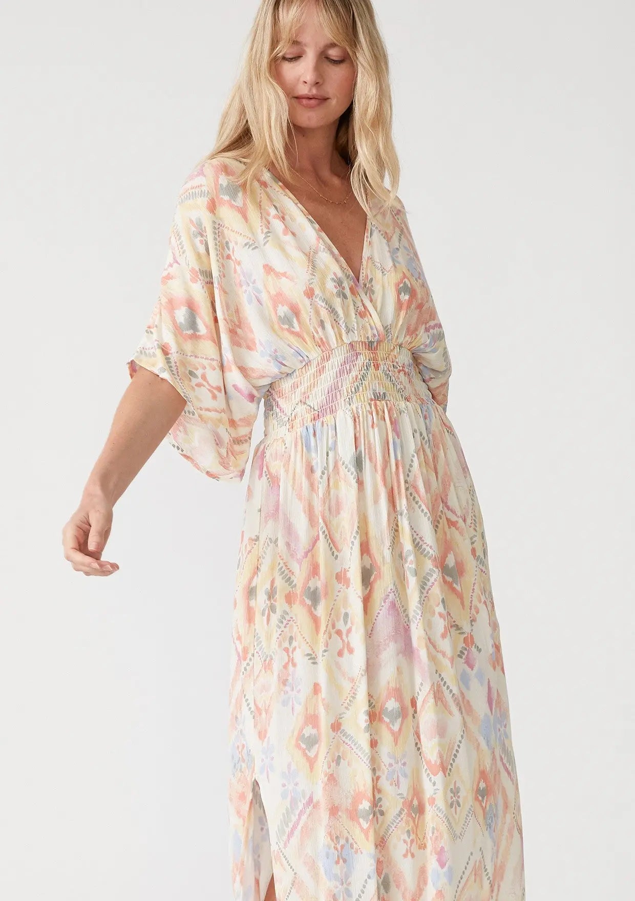 PinkBlush Ivory Printed Deep V - Neck Maxi Dress - 