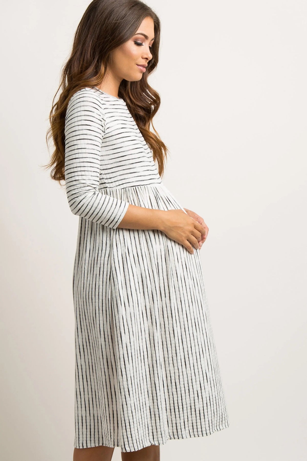 PinkBlush Ivory Ribbed Striped Maternity Midi Dress - 