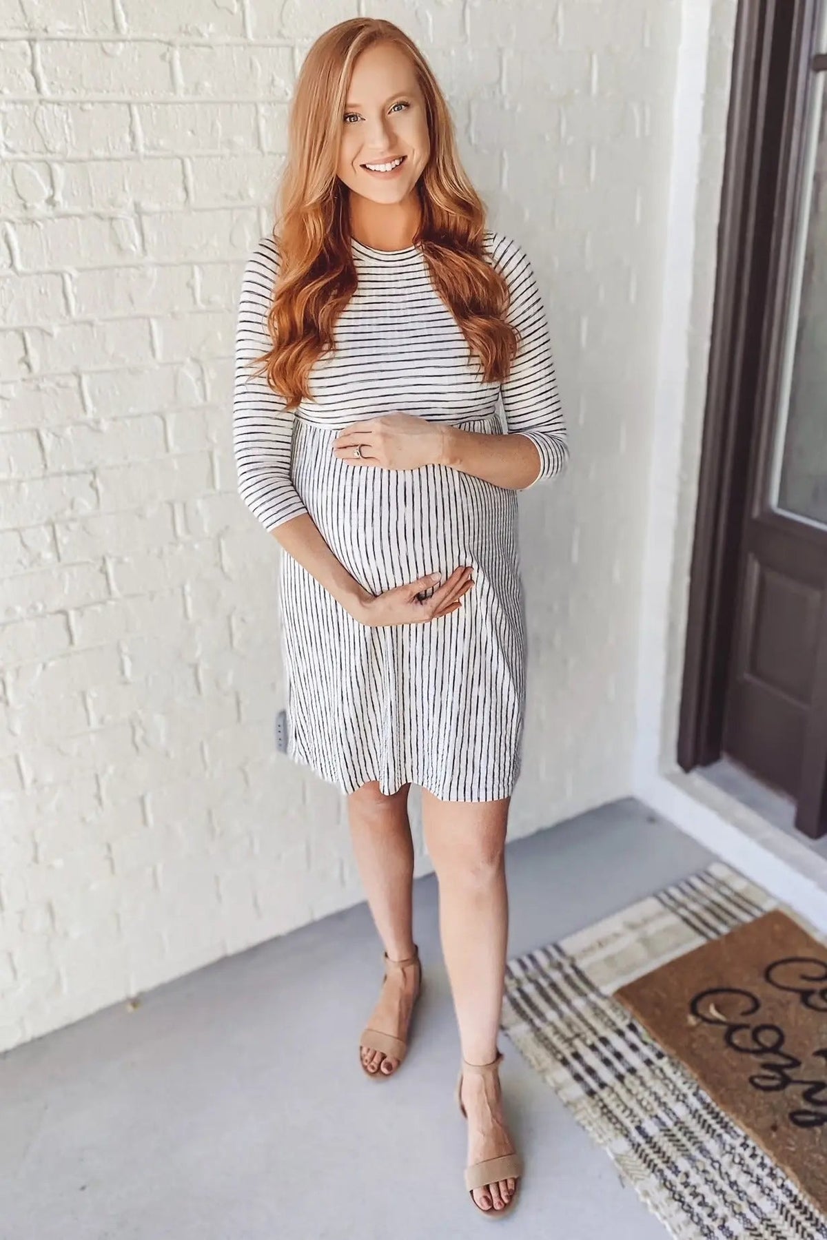 PinkBlush Ivory Ribbed Striped Maternity Midi Dress - 