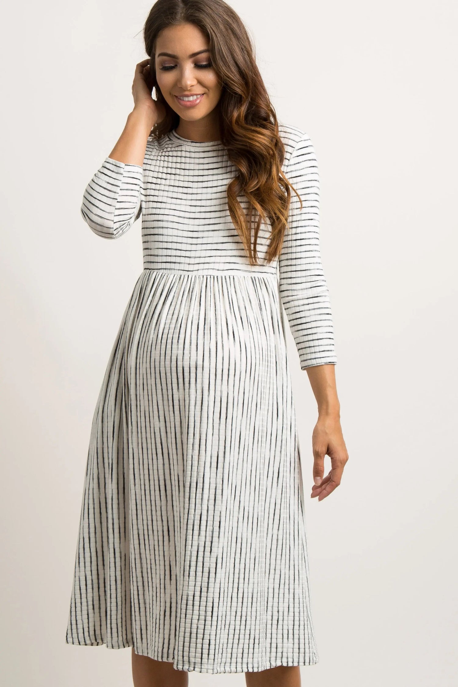 PinkBlush Ivory Ribbed Striped Maternity Midi Dress - 