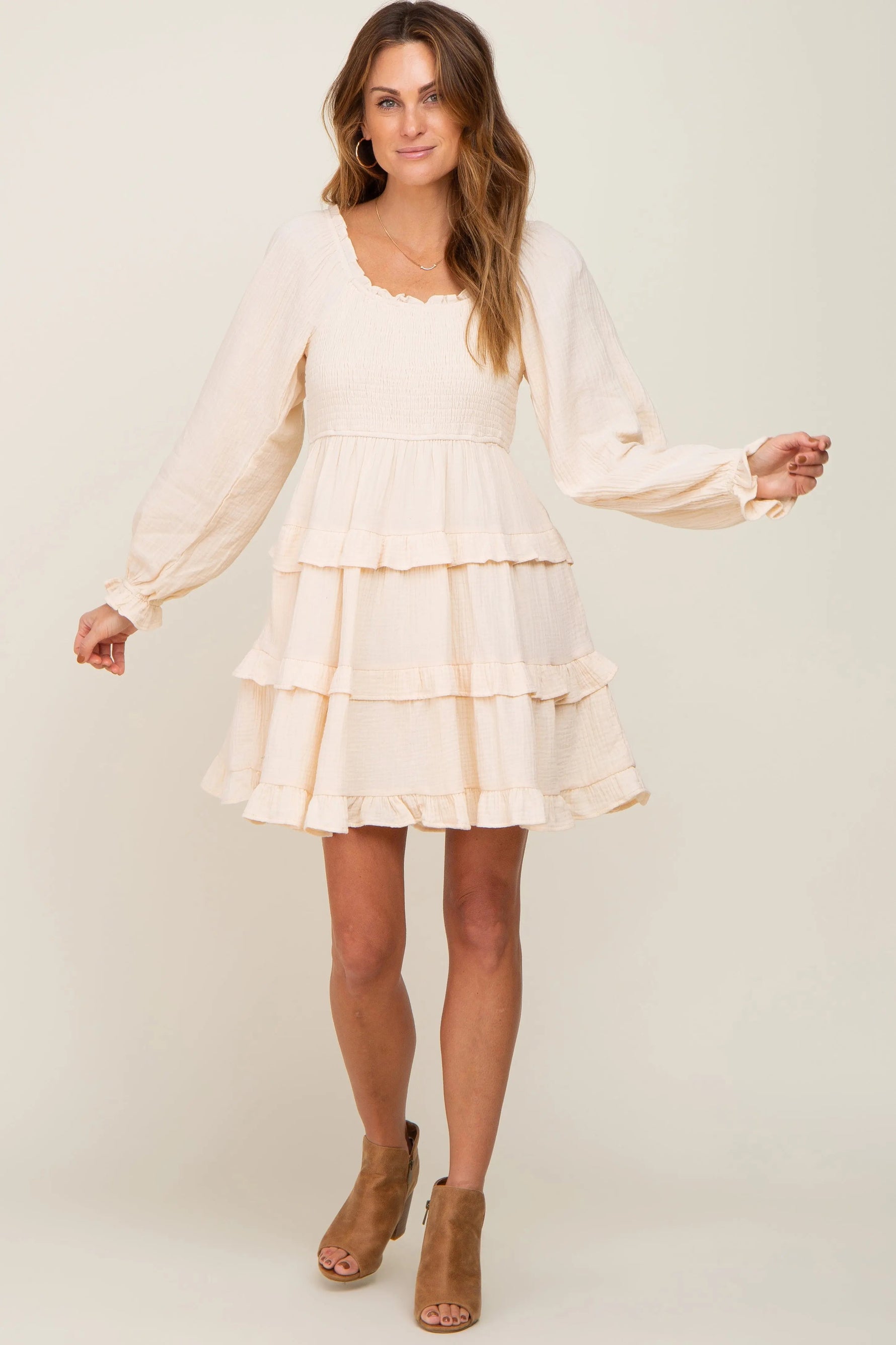 PinkBlush Ivory Smocked Ruffle Tiered Long Sleeve Dress - 