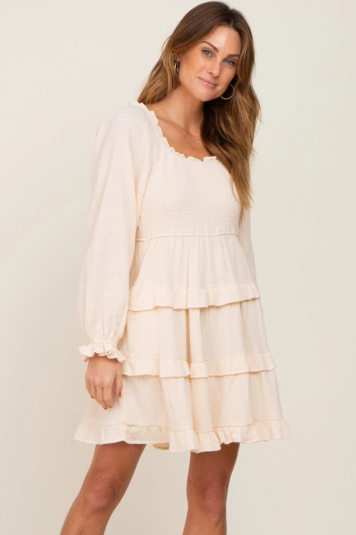 PinkBlush Ivory Smocked Ruffle Tiered Long Sleeve Dress - 