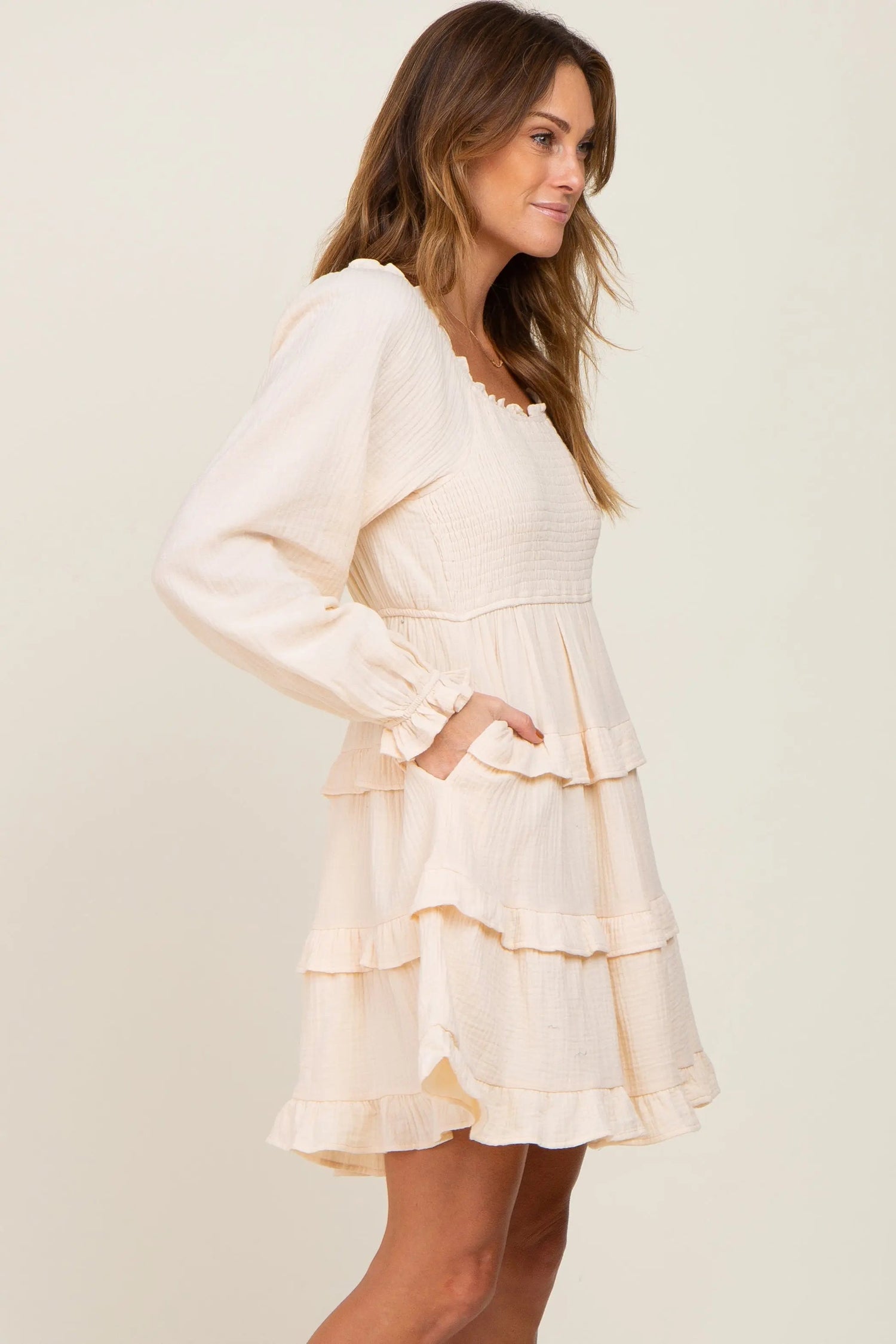 PinkBlush Ivory Smocked Ruffle Tiered Long Sleeve Dress - 