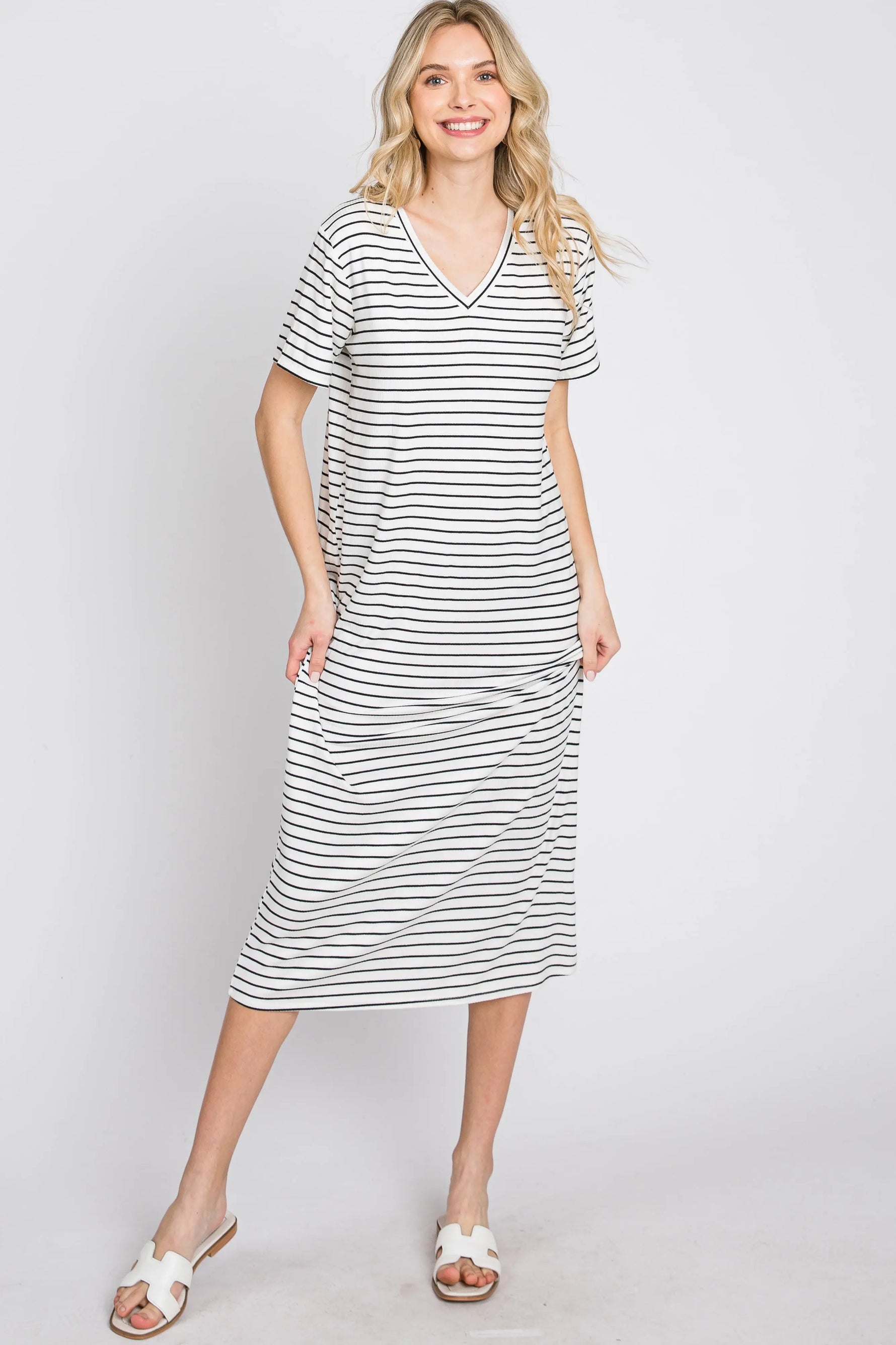 PinkBlush Ivory Striped Ribbed Midi Dress - 