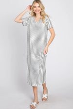 Ivory Striped Ribbed Midi Dress - Neck, One-piece garment, Day Dress, Nightwear, Active Shirt | Everetts Place
