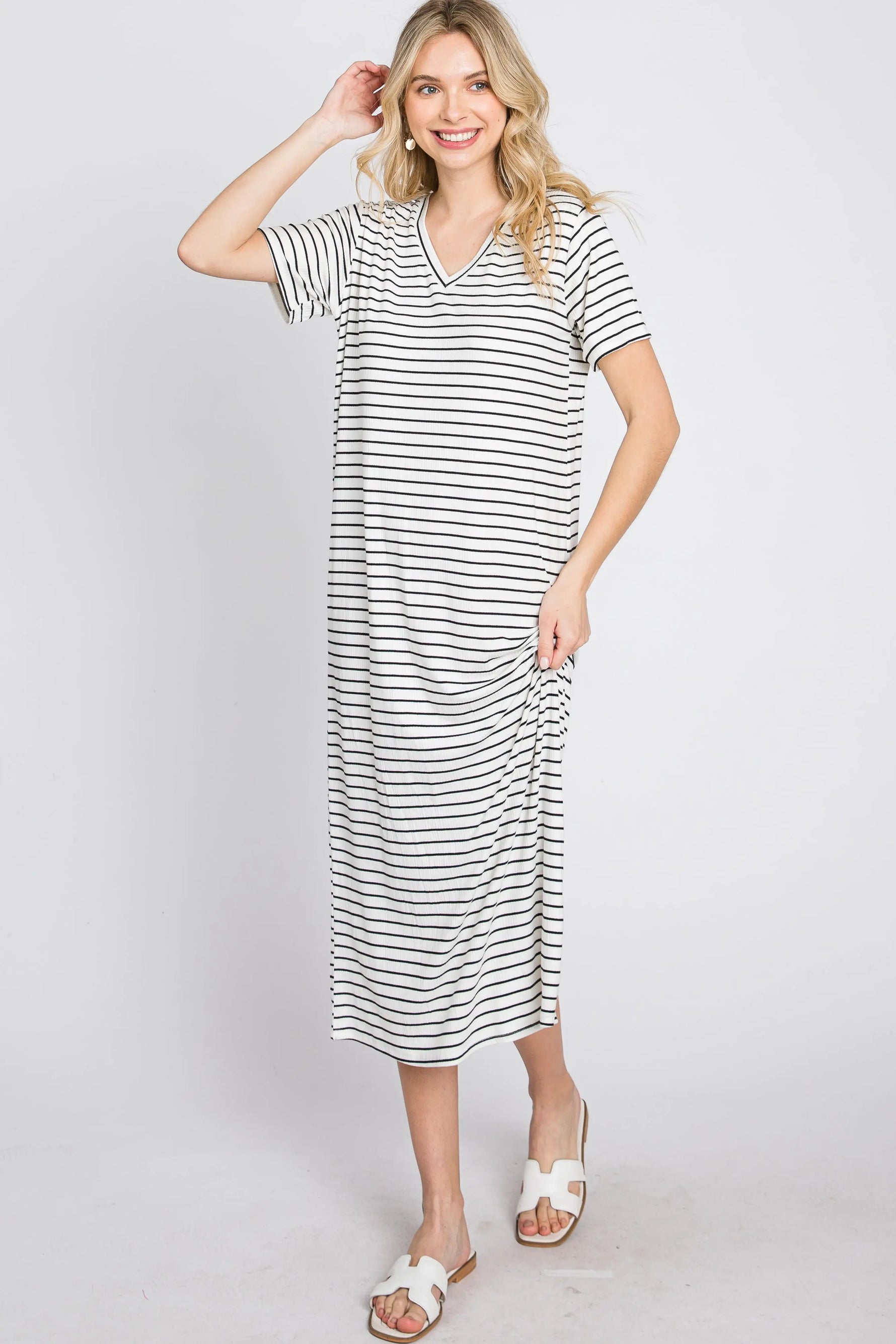 Ivory Striped Ribbed Midi Dress - Neck, One-piece garment, Day Dress, Nightwear, Active Shirt | Everetts Place