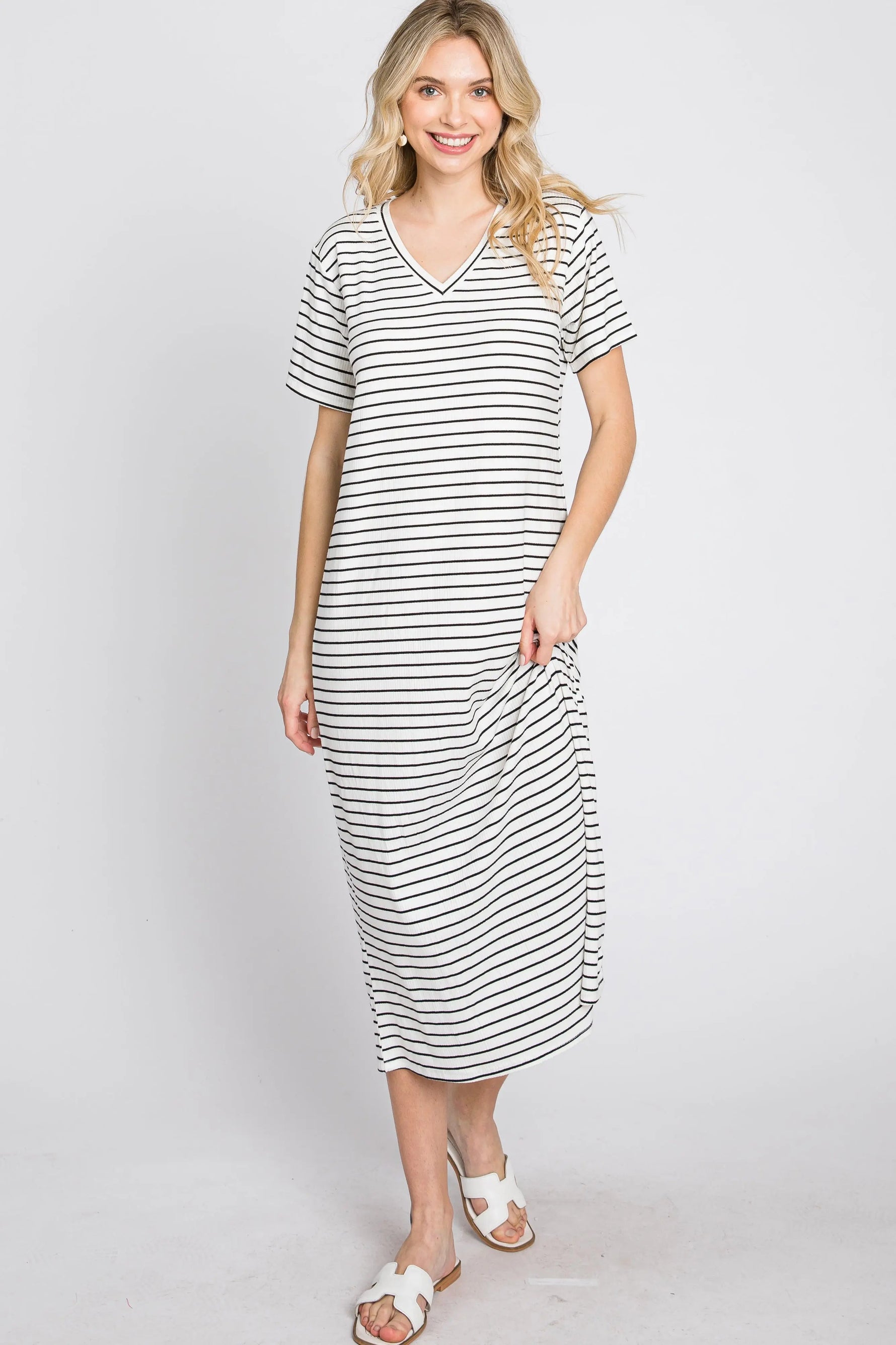 PinkBlush Ivory Striped Ribbed Midi Dress - 