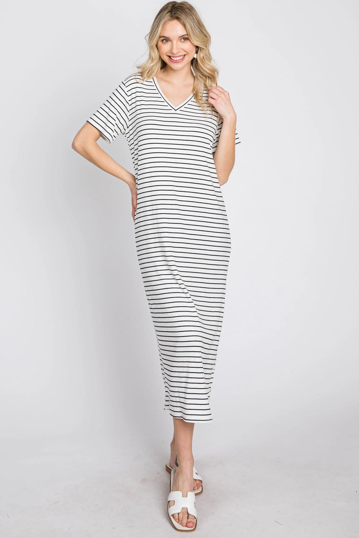 PinkBlush Ivory Striped Ribbed Midi Dress - 