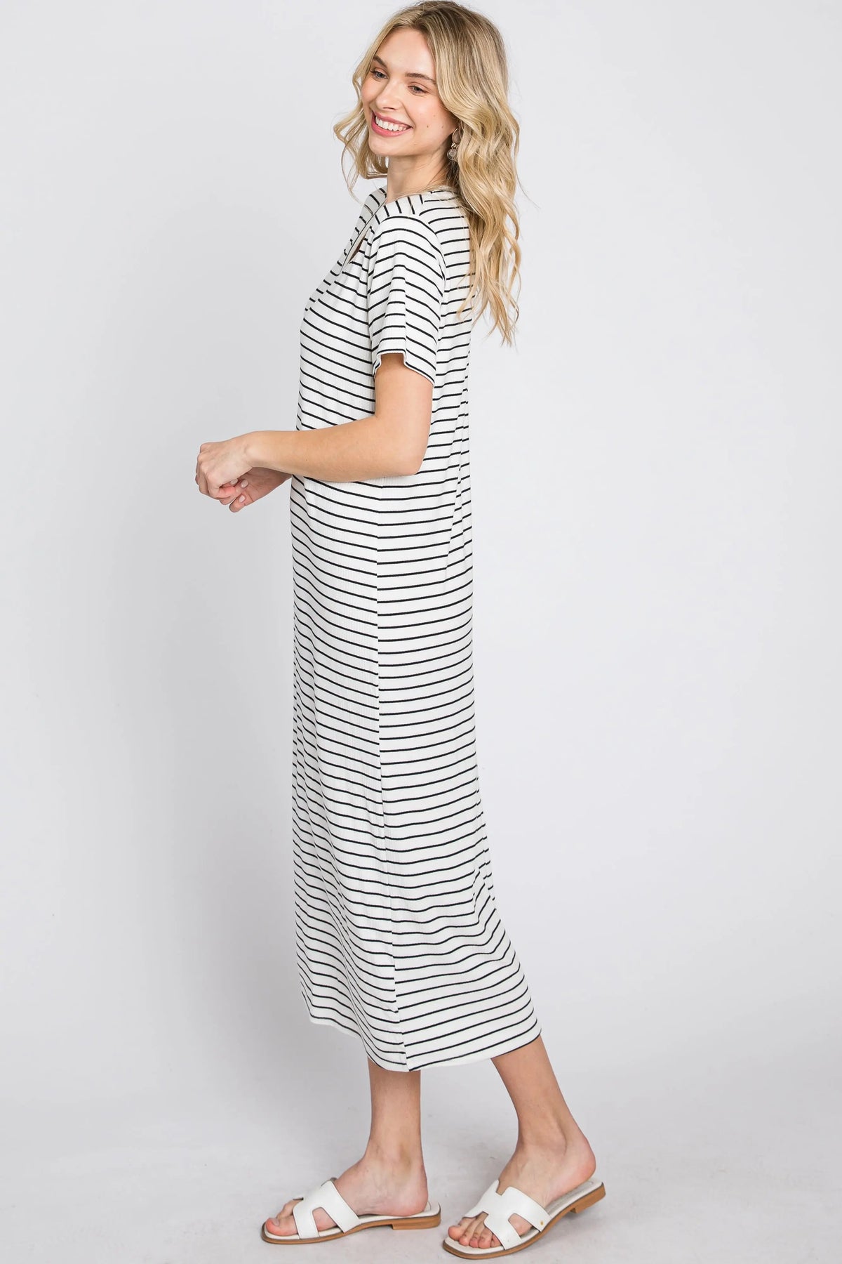 PinkBlush Ivory Striped Ribbed Midi Dress - 