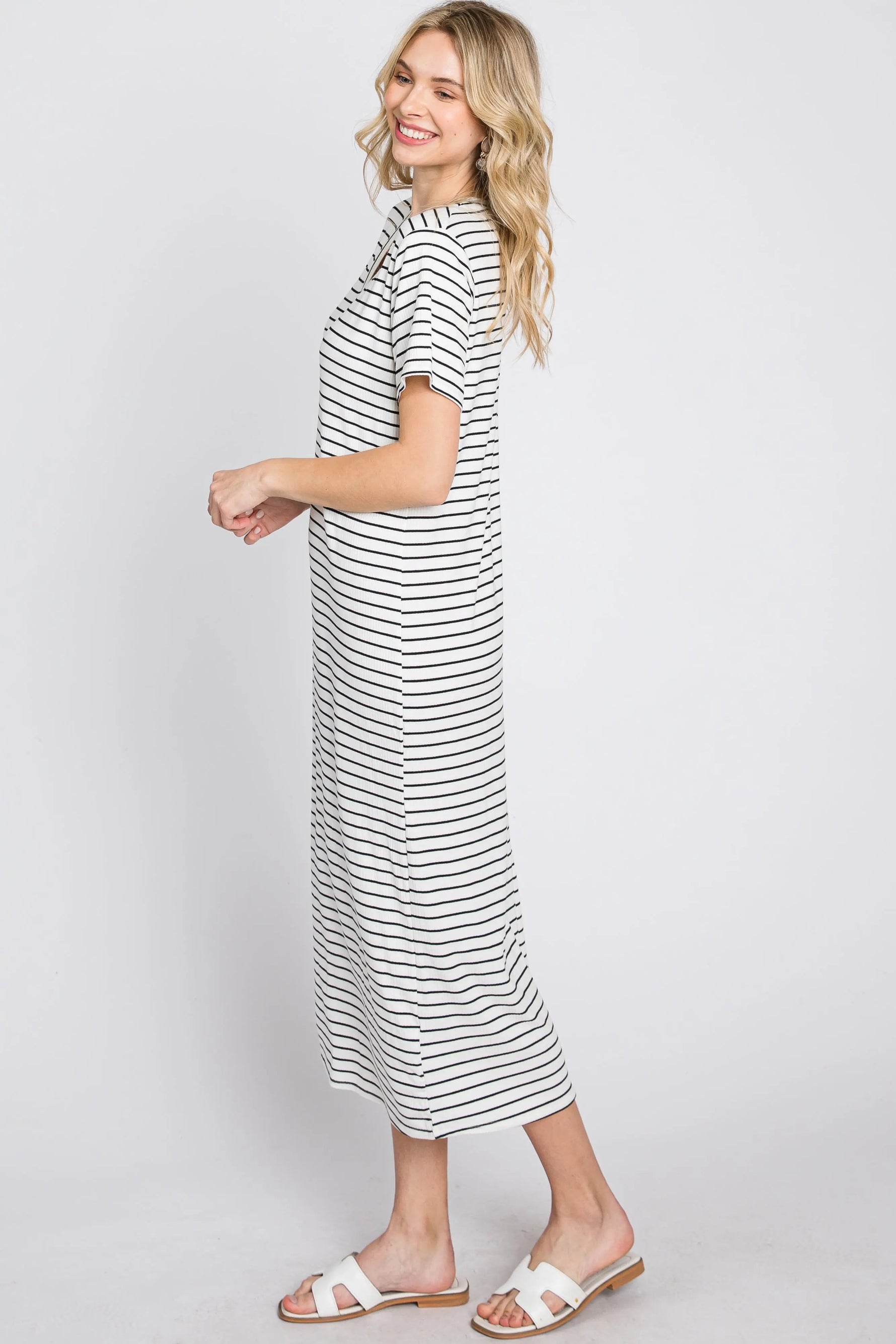 PinkBlush Ivory Striped Ribbed Midi Dress - 