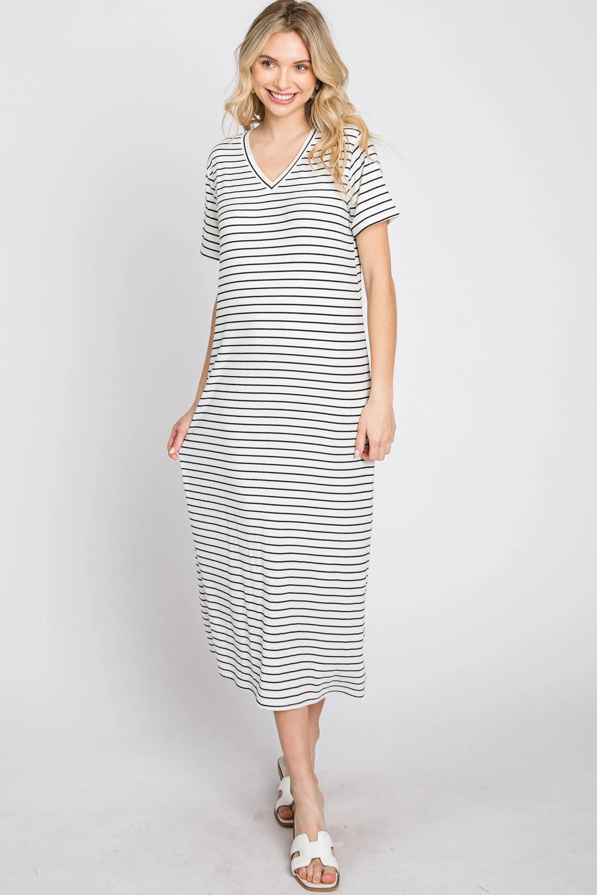 PinkBlush Ivory Striped Ribbed Midi Dress - 