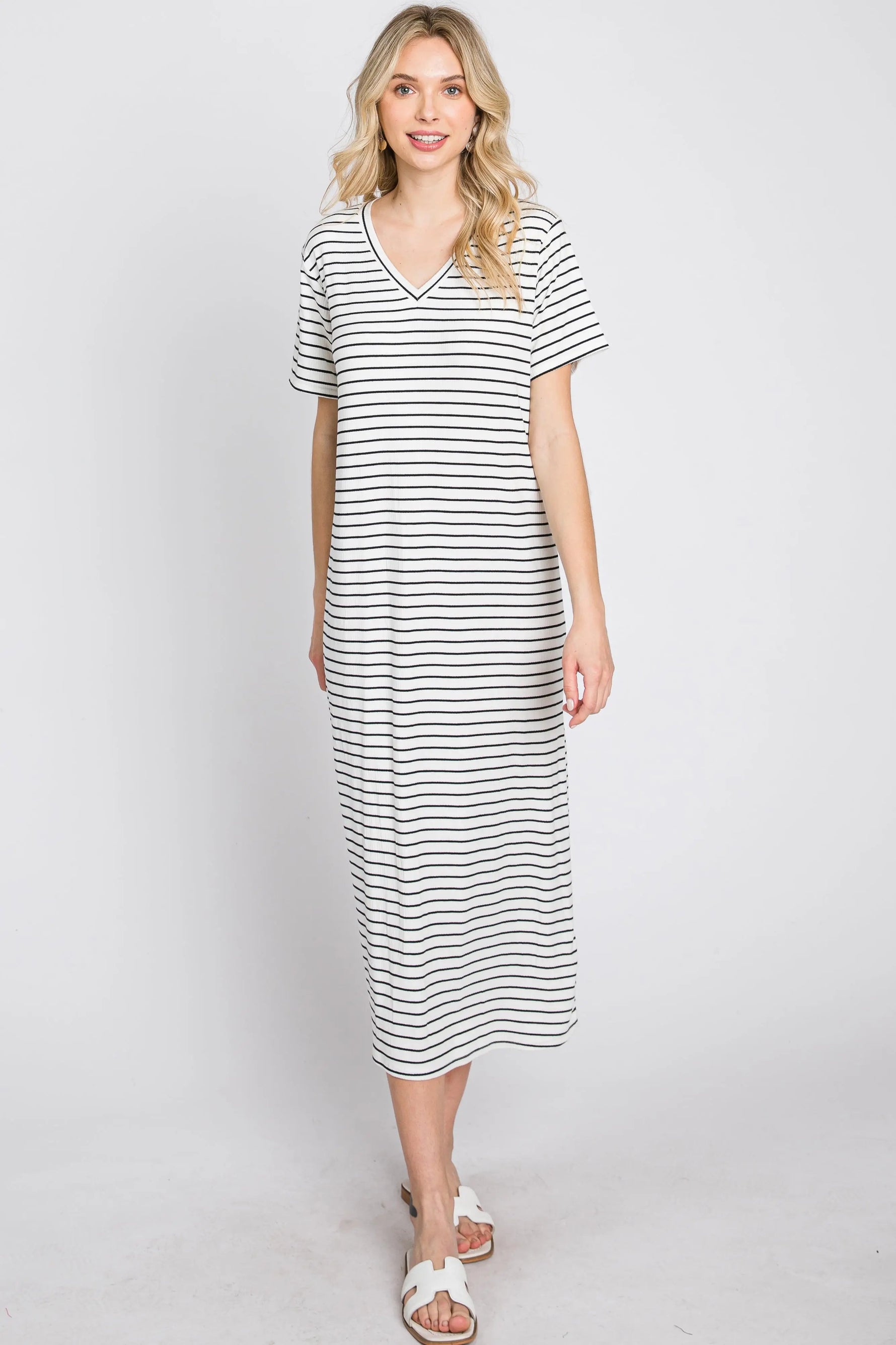 PinkBlush Ivory Striped Ribbed Midi Dress - 
