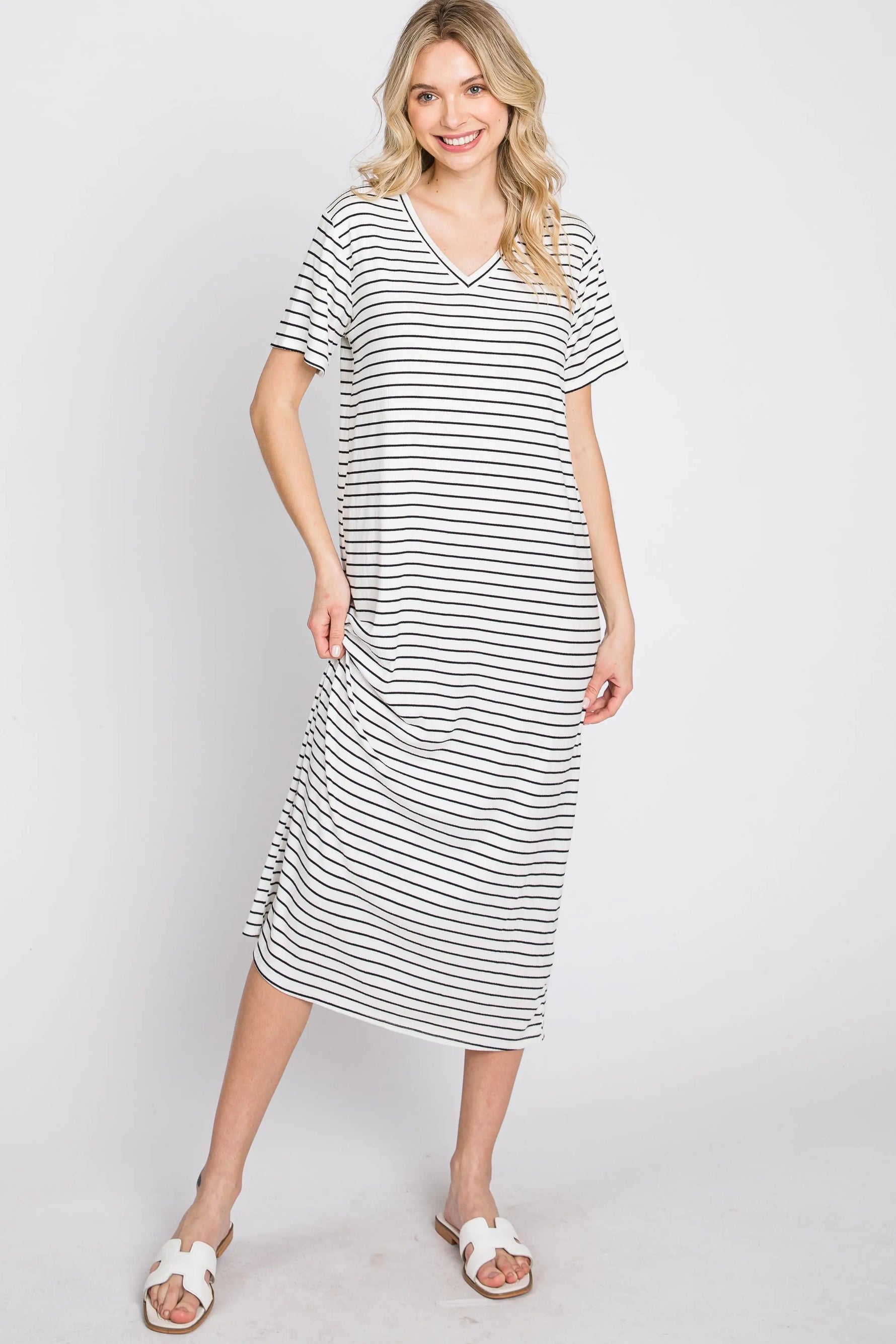 PinkBlush Ivory Striped Ribbed Midi Dress - 