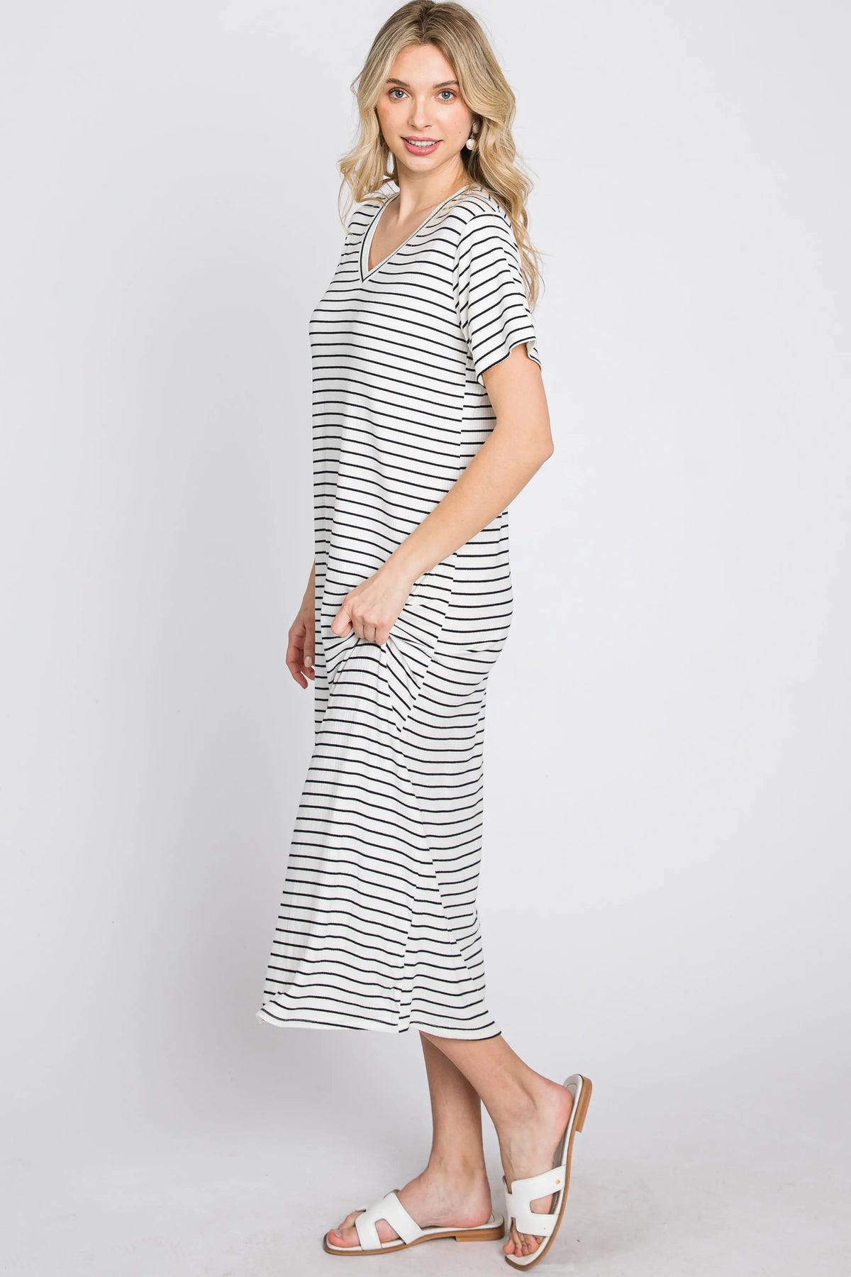PinkBlush Ivory Striped Ribbed Midi Dress - 