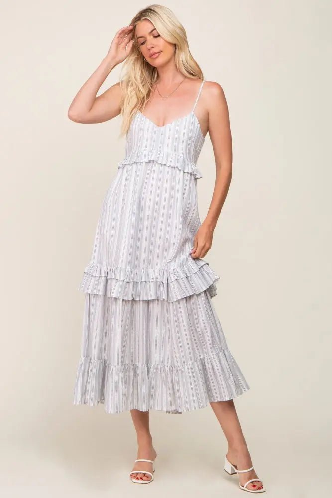 PinkBlush Ivory Striped Ruffle Tiered Midi Dress - 