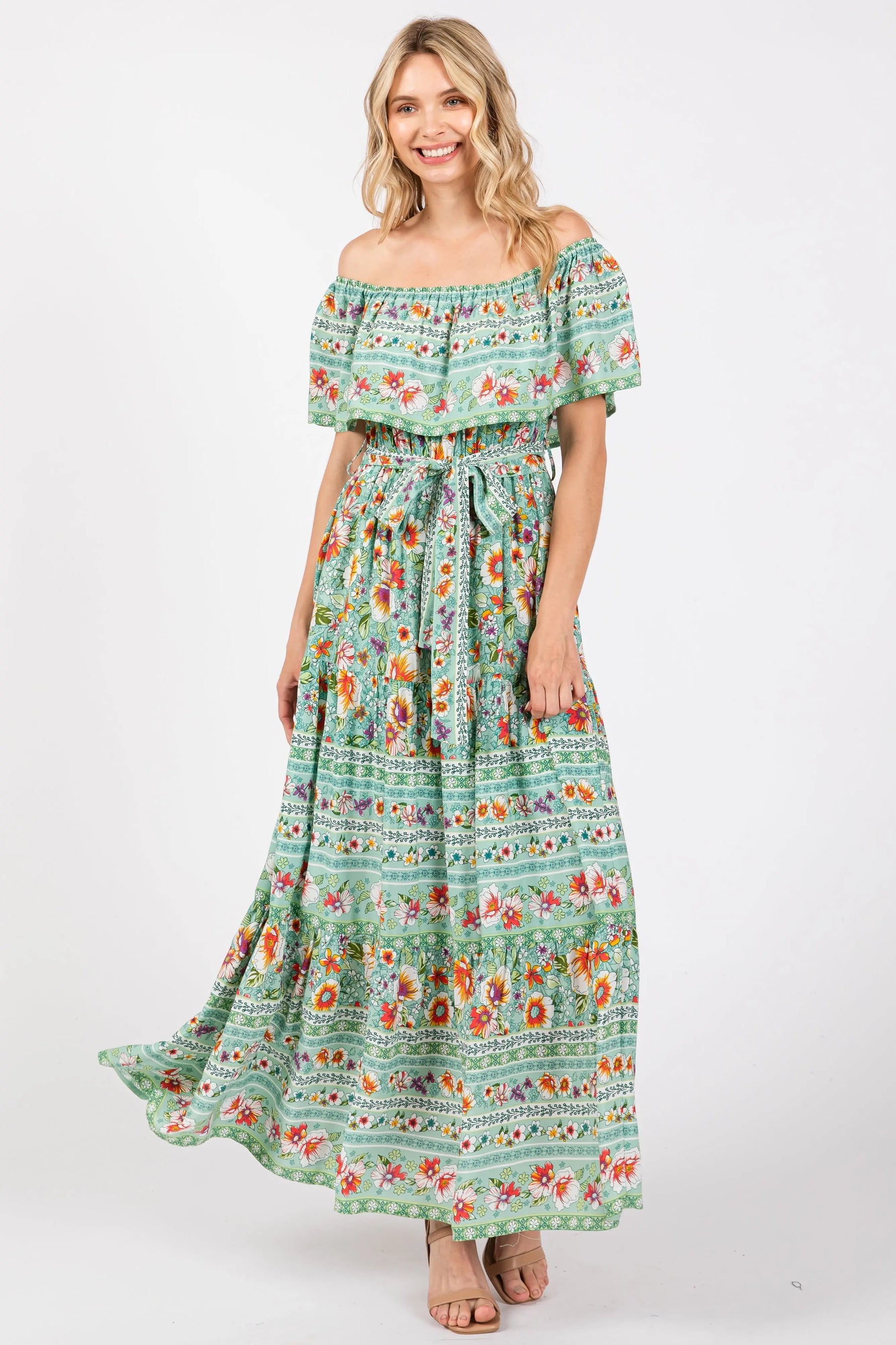 PinkBlush Jade Floral Off Shoulder Maternity Maxi Dress - 