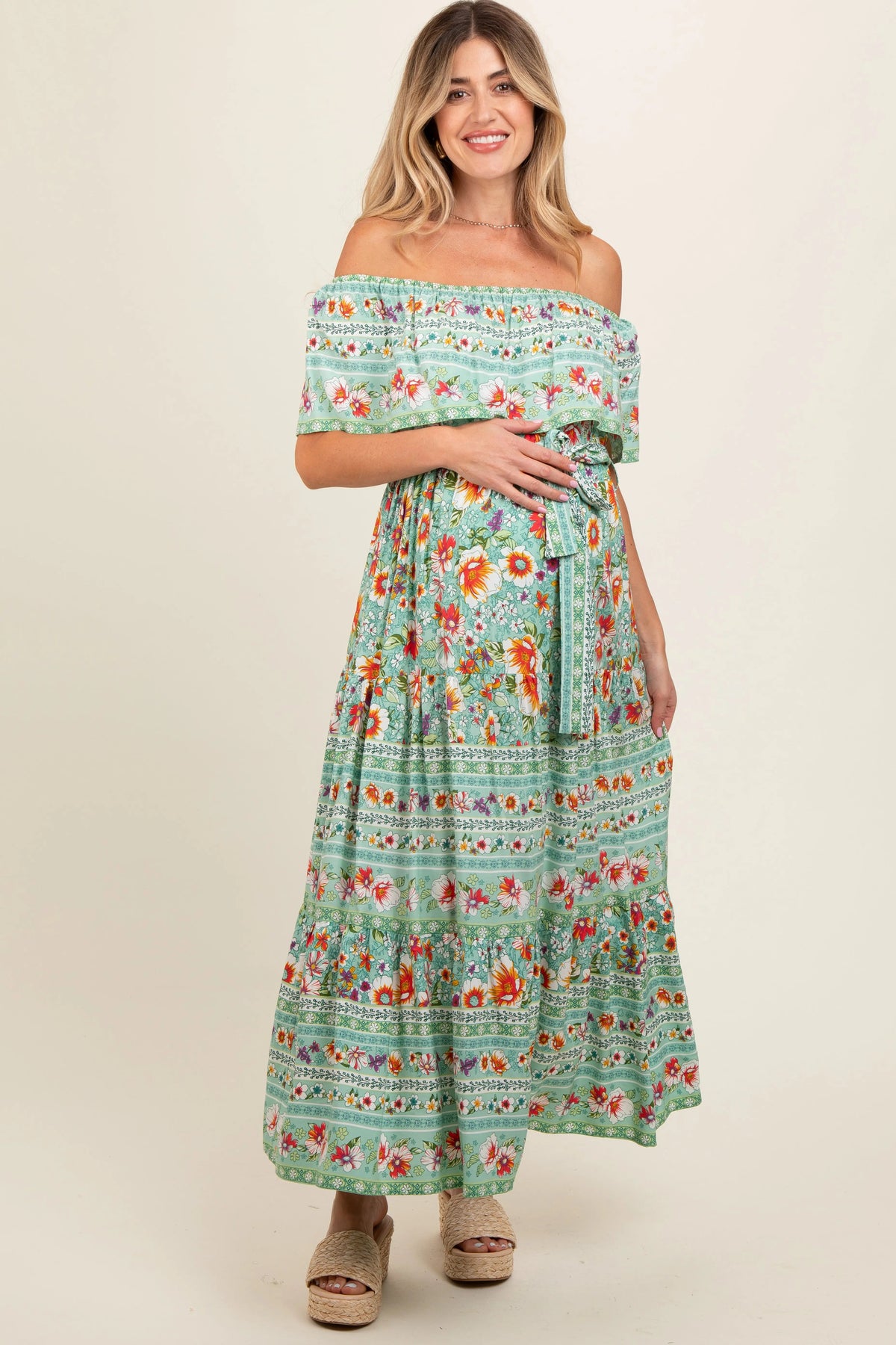 PinkBlush Jade Floral Off Shoulder Maternity Maxi Dress - 