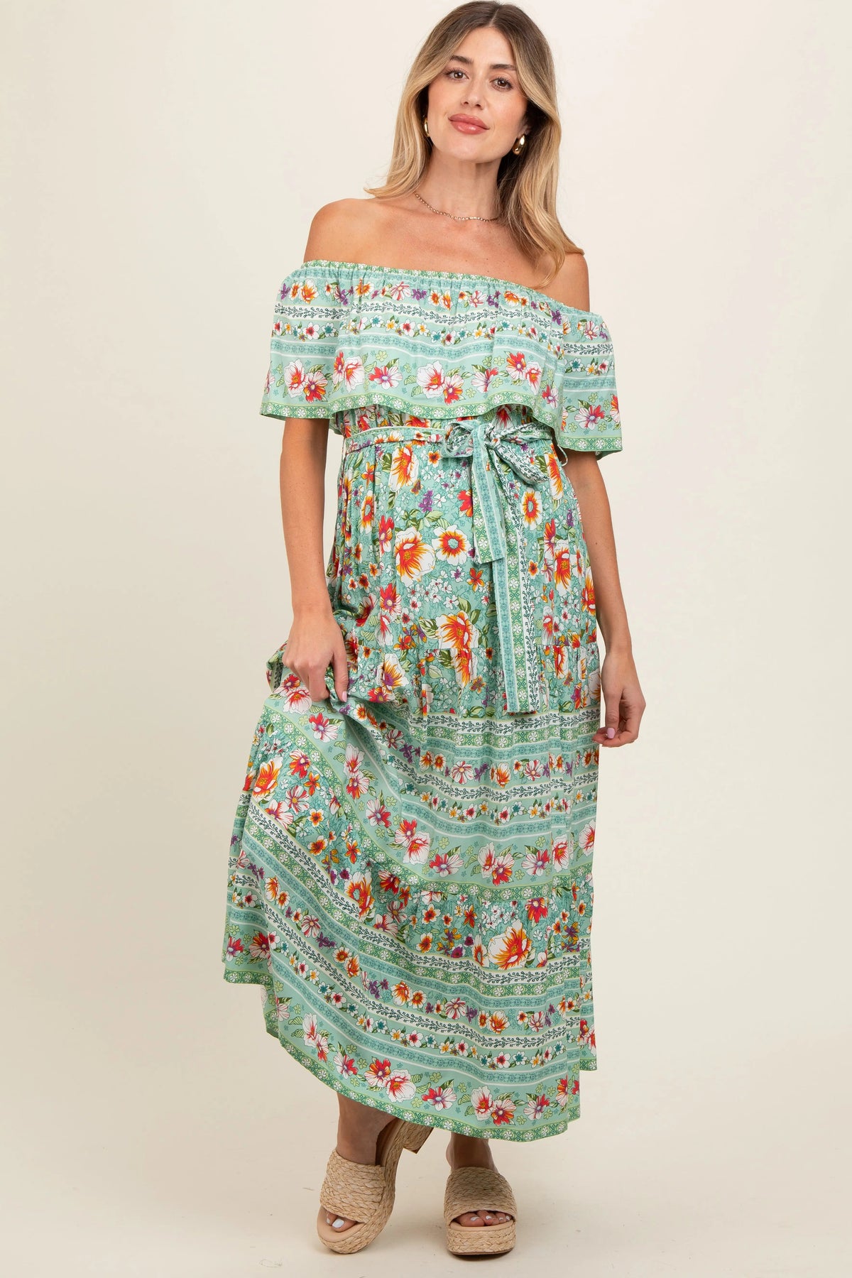 PinkBlush Jade Floral Off Shoulder Maternity Maxi Dress - 