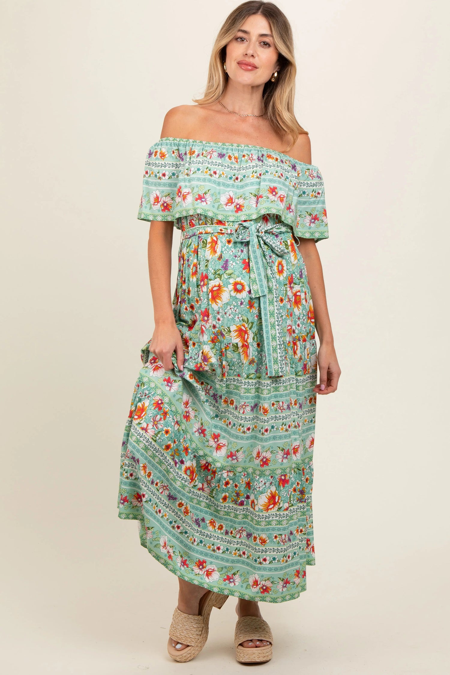 PinkBlush Jade Floral Off Shoulder Maternity Maxi Dress - 