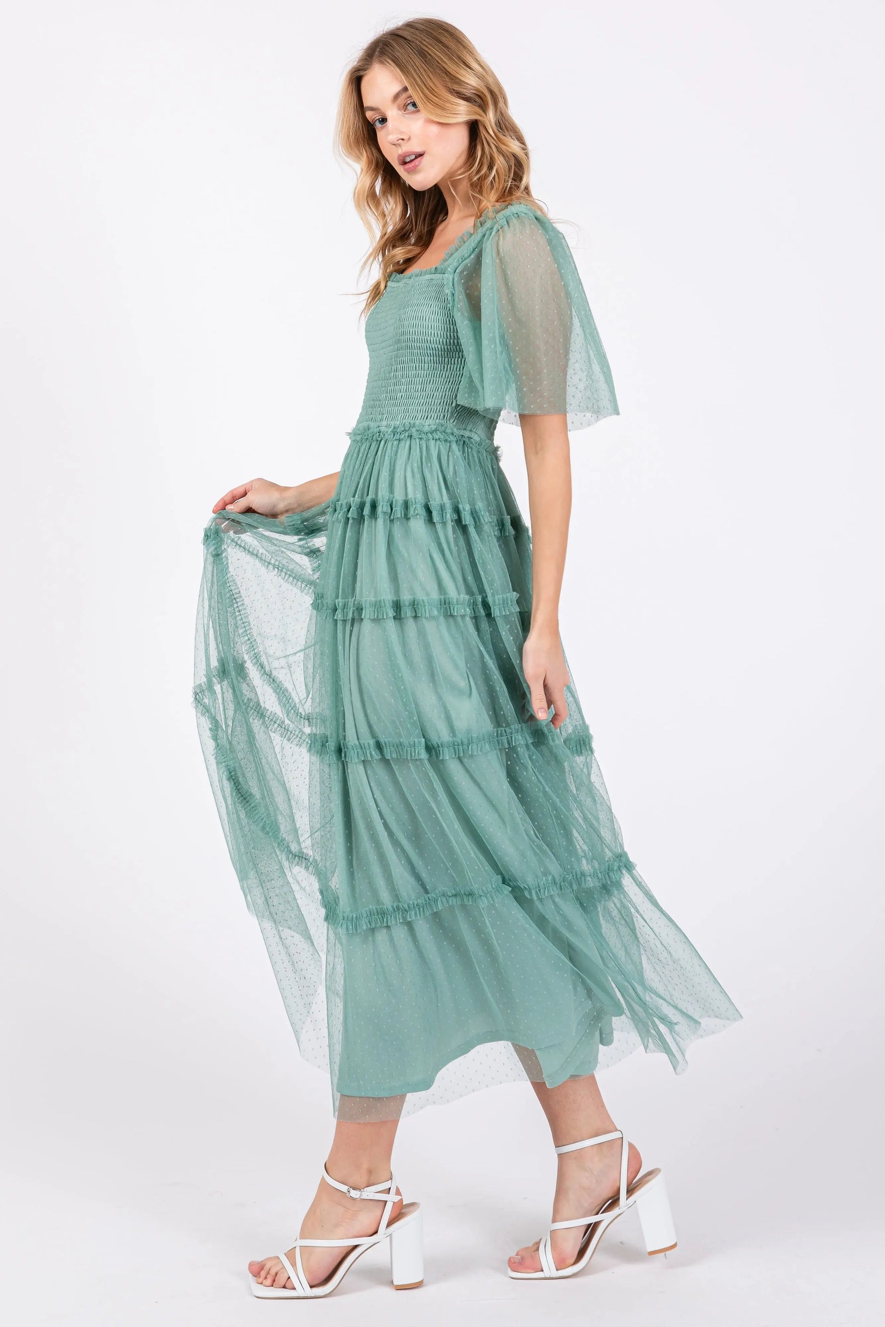 PinkBlush Jade Ruffled Mesh Maxi Dress - 