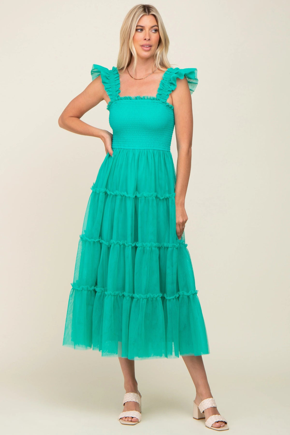 PinkBlush Jade Smocked Mesh Ruffle Accent Maternity Midi Dress - 