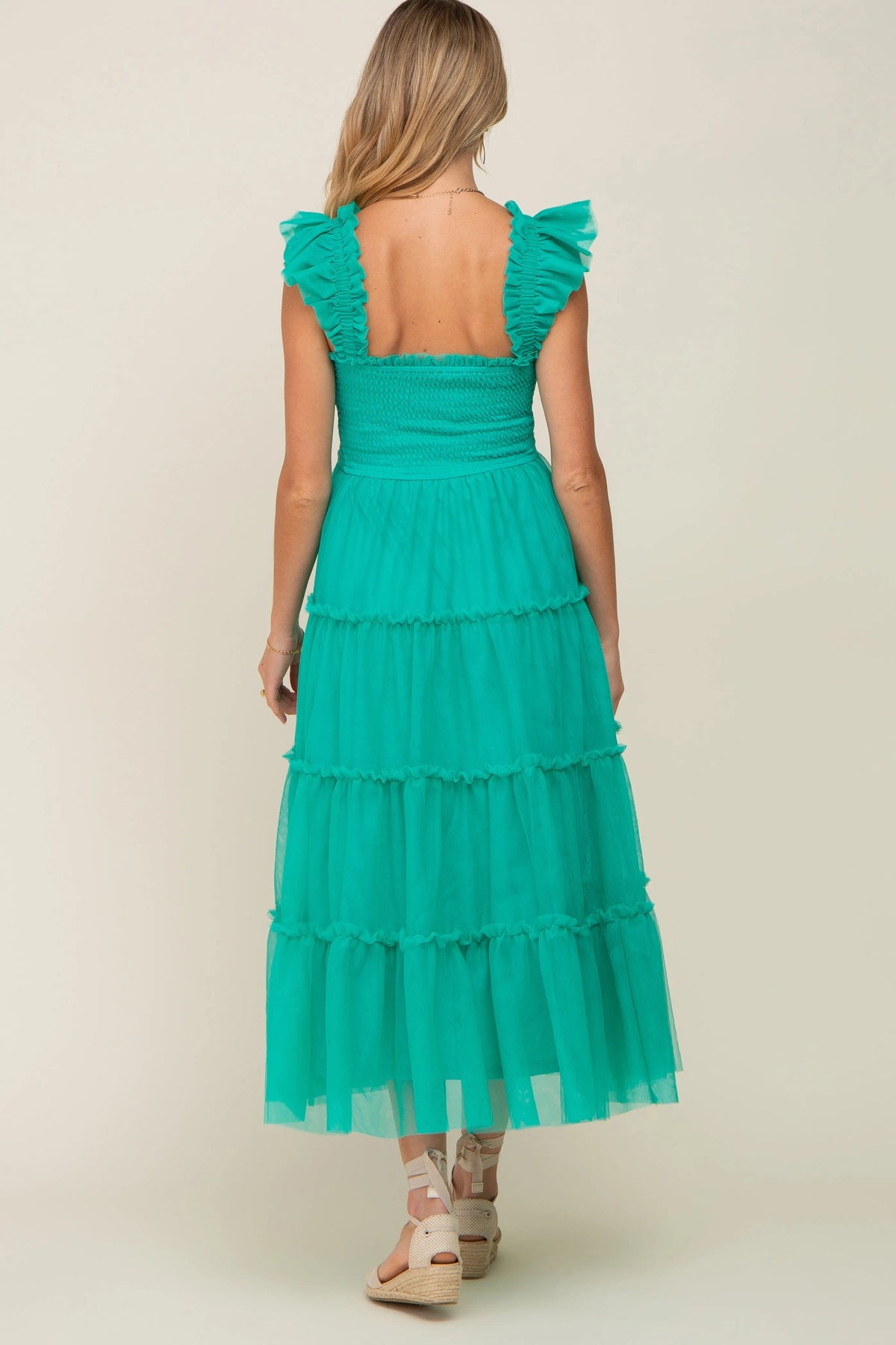 PinkBlush Jade Smocked Mesh Ruffle Accent Maternity Midi Dress - 