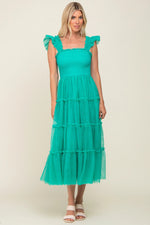 PinkBlush Jade Smocked Mesh Ruffle Accent Midi Dress - 