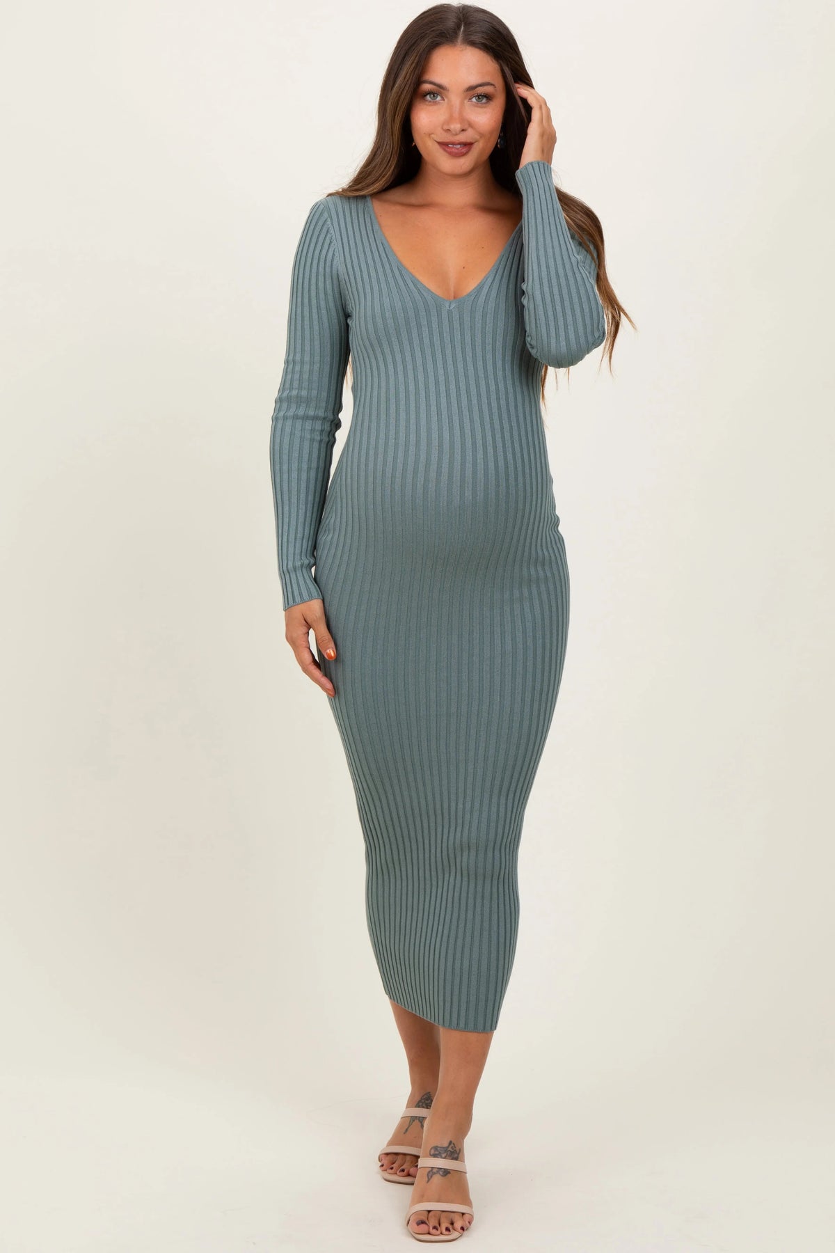PinkBlush Jade V - Neck Long Sleeve Fitted Maternity Maxi Dress - 