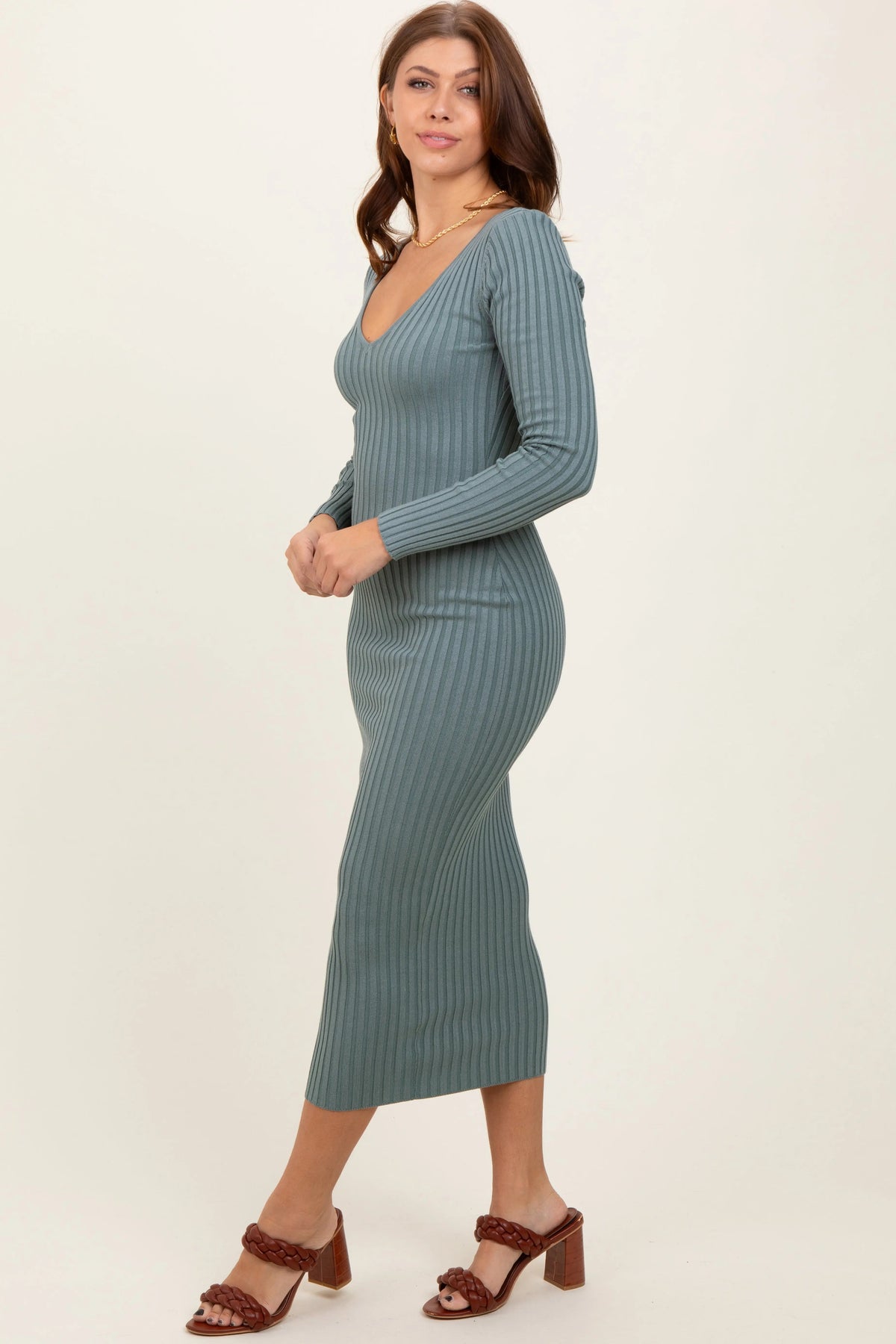 PinkBlush Jade V - Neck Long Sleeve Fitted Maxi Dress - 