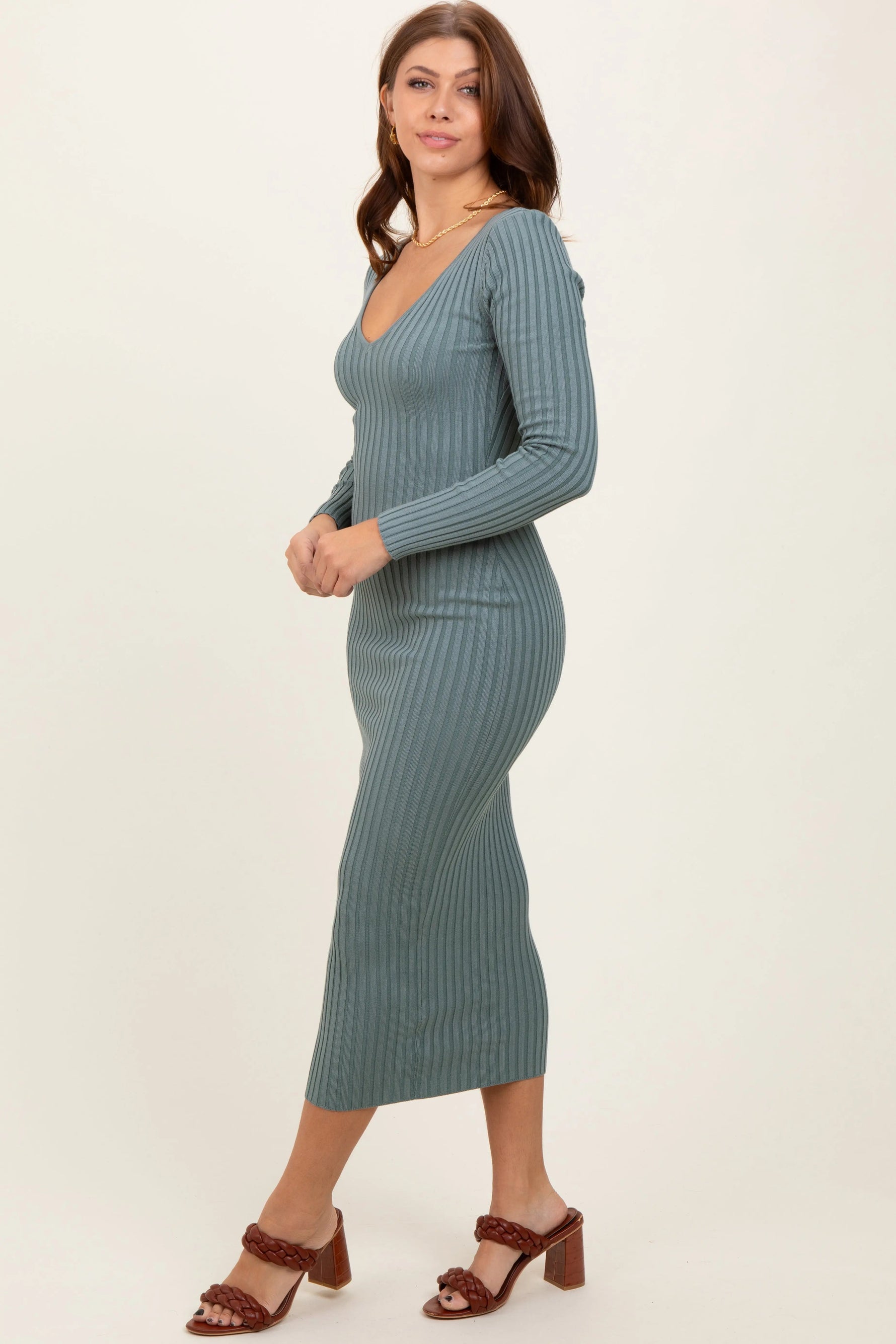 PinkBlush Jade V - Neck Long Sleeve Fitted Maxi Dress - 