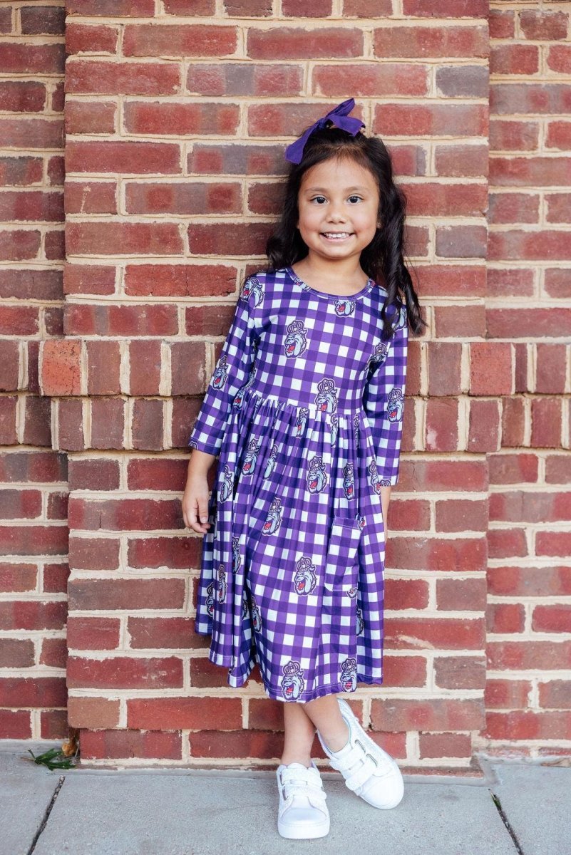 Mila & Rose ® JMU Plaid Duke Dog 3/4 Sleeve Pocket Twirl Dress - 