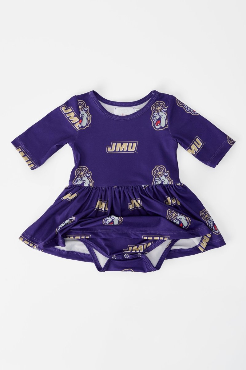 Mila & Rose ® JMU Purple Duke Dog 3/4 Sleeve Twirl Bodysuit - 