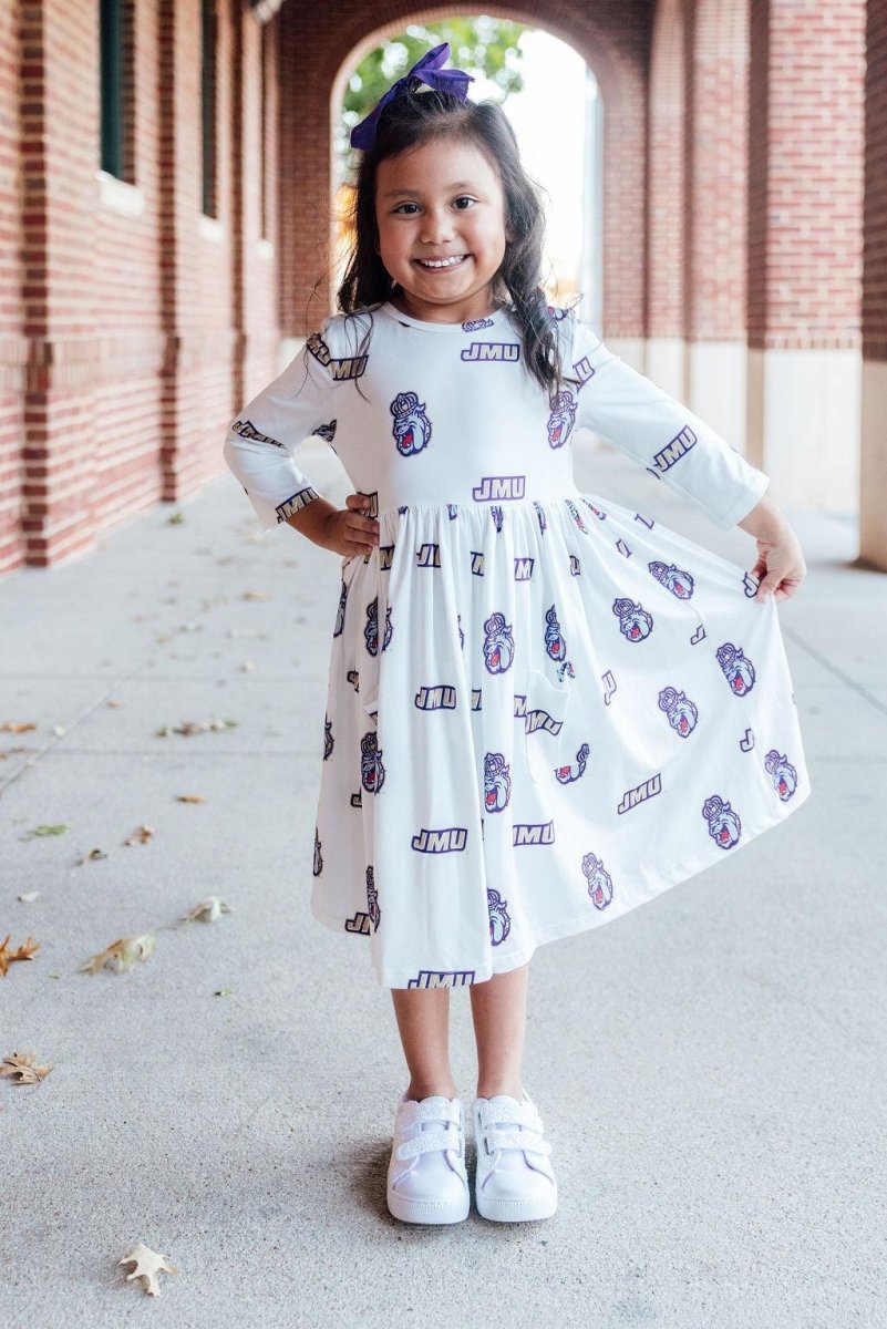 Mila & Rose ® JMU White Duke Dog 3/4 Sleeve Pocket Twirl Dress - 