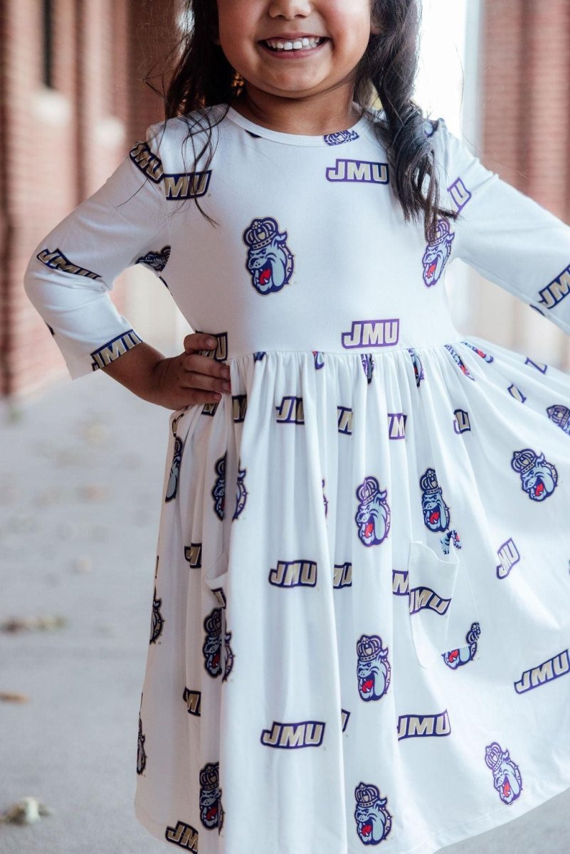 Mila & Rose ® JMU White Duke Dog 3/4 Sleeve Pocket Twirl Dress - 