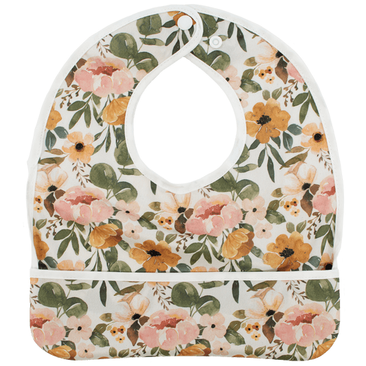 Josie Floral Flip Bib with Pocket for Food and Drool Machine Washable Water Resistant Design Texas Tushies