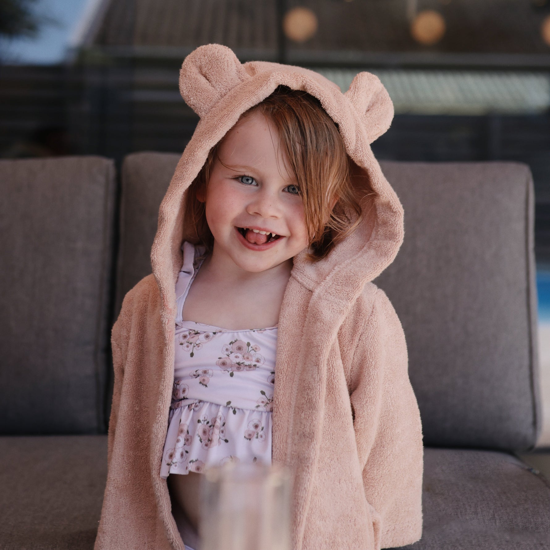 Mushie baby bear robe, soft cotton hooded towel for infants.