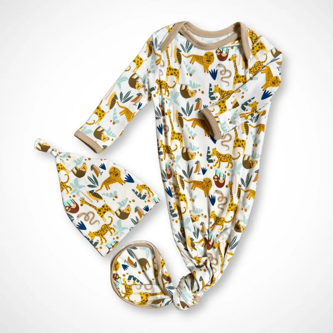 Kolorful Jungle Friends Newborn Bamboo Gown Soft Comfortable Gender Neutral Take Home Outfit - Everetts Place Boutique - 