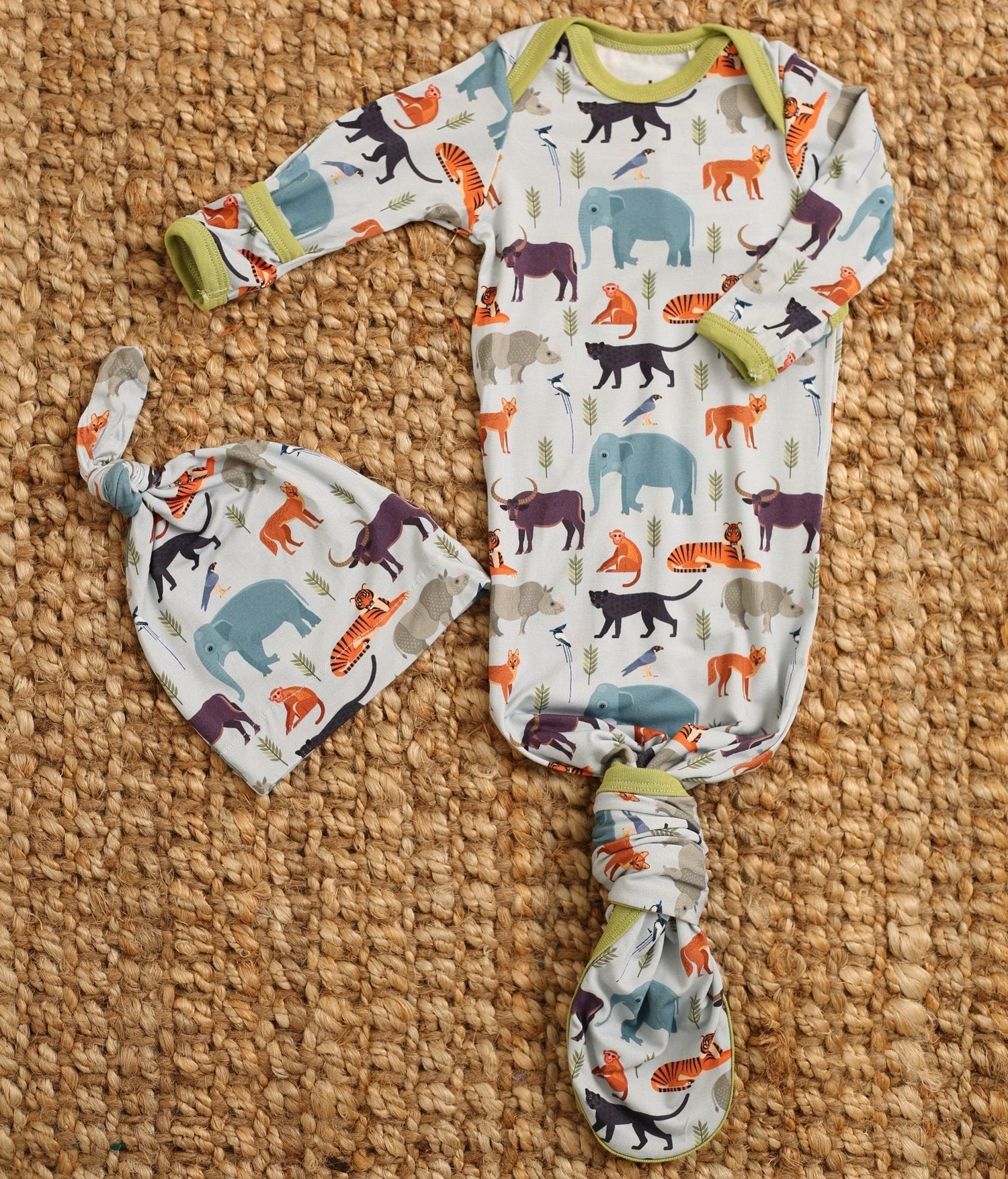 Baby gown and matching hat in a jungle pack-animal print with fold-over hand mittens