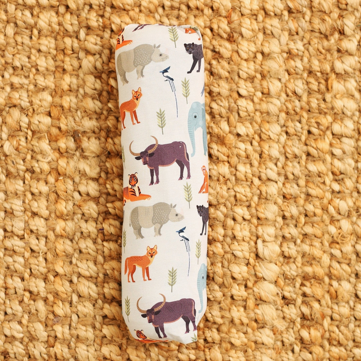 Square baby swaddle blanket with a jungle animal print featuring elephants