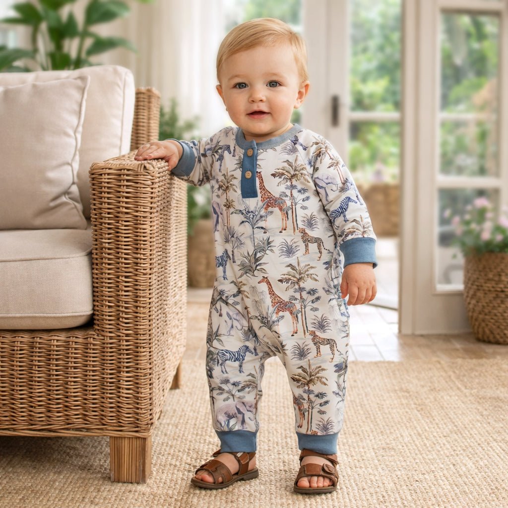 Jungle Safari Bamboo Henley Romper for Baby Boys - Baby & Toddler Clothing, Overall, Pocket, Child, Nightwear | Everetts Place