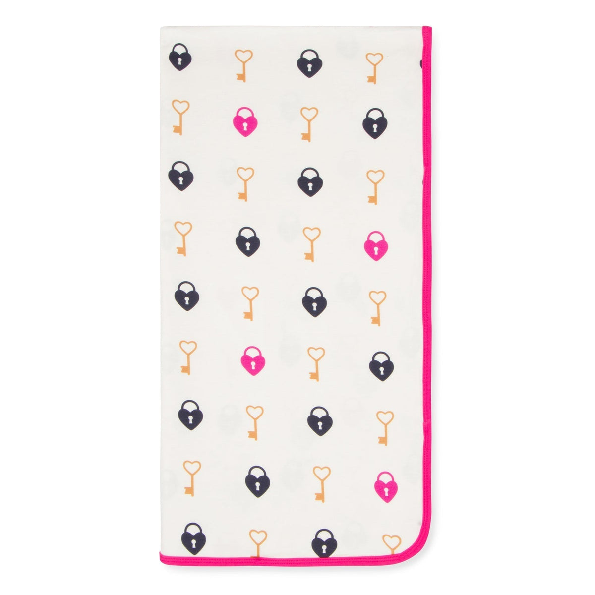 Pink swaddle blanket with a key and heart pattern spread out flat