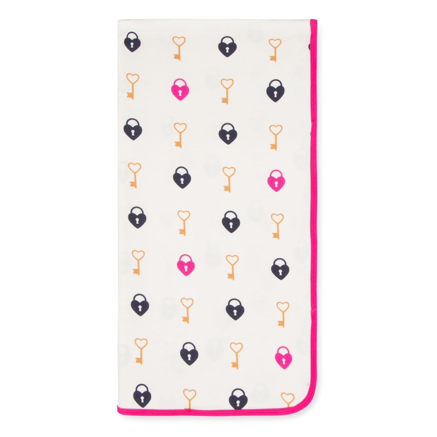 Pink swaddle blanket with a key and heart pattern spread out flat