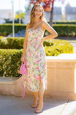 Khaki Peach Floral Midi Dress - Fashion, Pink, Day Dress, Waist, One-piece garment | Everetts Place